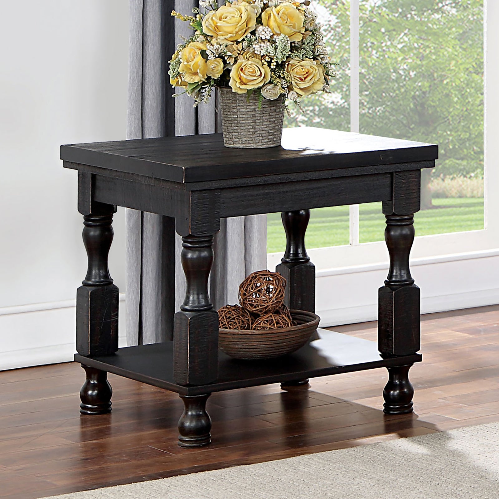 Rustic Style Antique Black 1Pc End Table Open Bottom Shelf Plank Style Table Top Living Room Furniture Antique Black Primary Living Space Classic,Contemporary,Modern,Rustic,Transitional Open Storage Square Coffee & End Tables Solid Wood