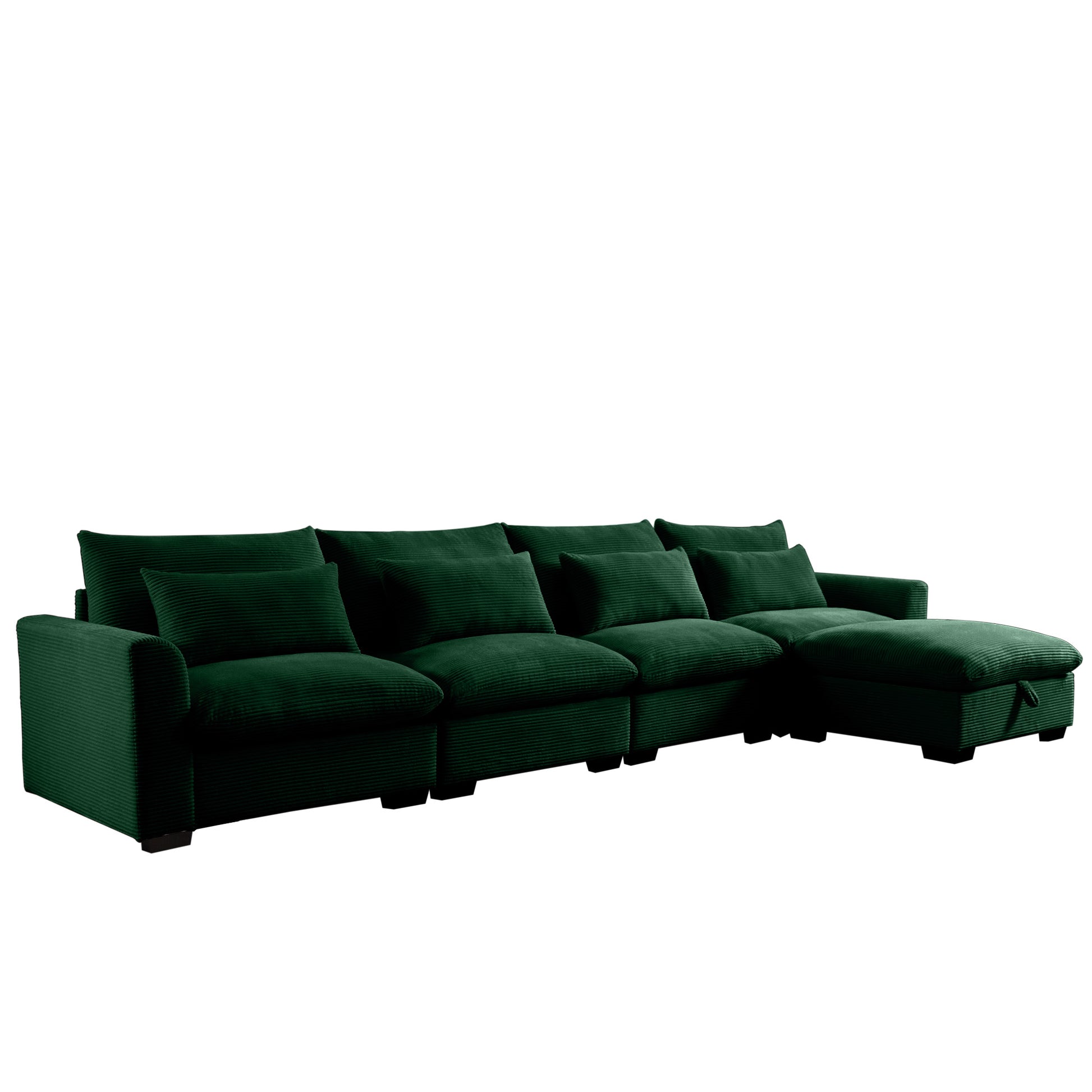 Large L Shape Sectional Corduroy Sofa,Deep Seat Couch With Storage Footstool And 4 Waist Pillows, Green Green Corduroy 4 Seat