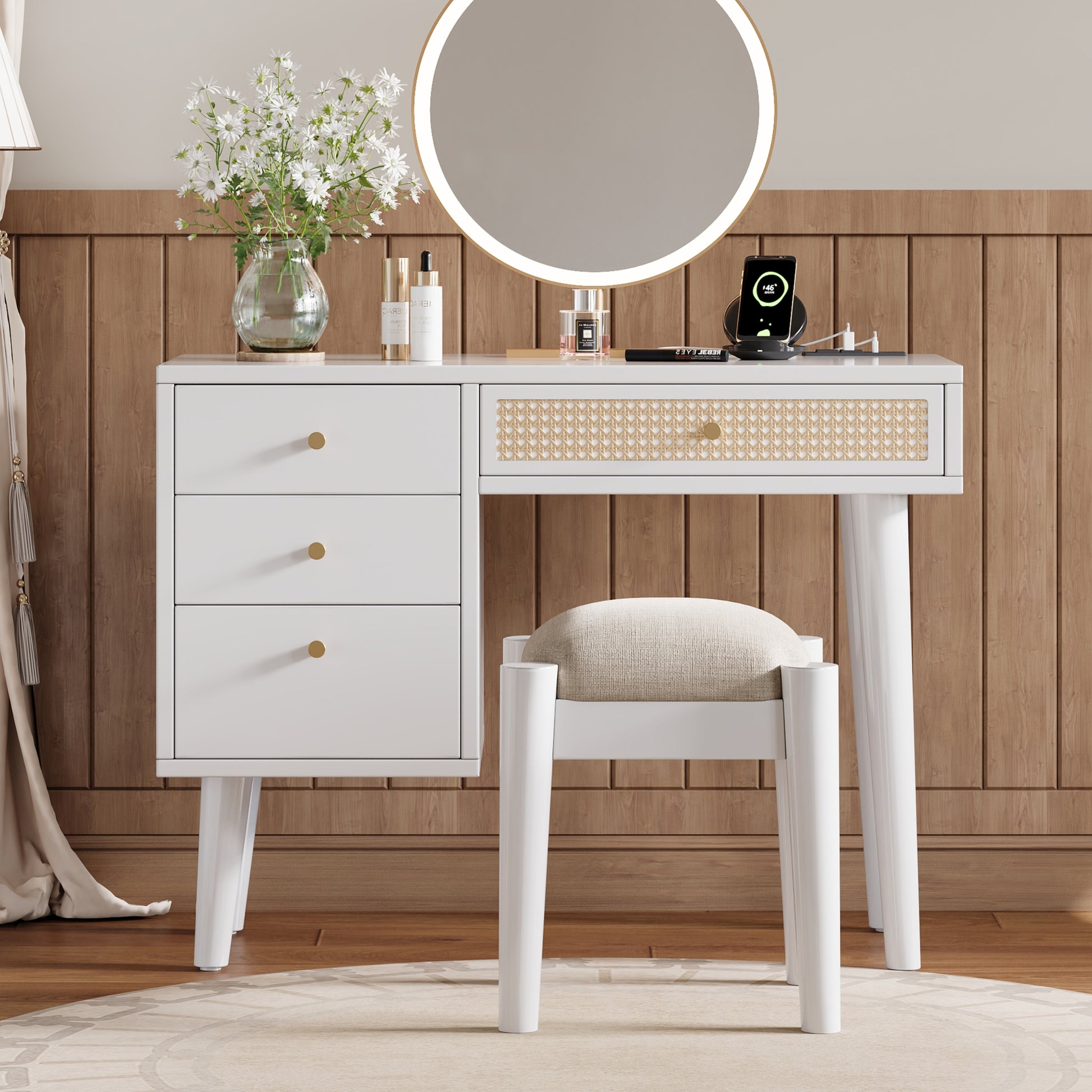 39" Retro Bohemian Style Wooden Makeup Vanity Set With Charging Plug&Usb Port And Stool, Dressing Table With 3 Storage Drawers And 1 Rectangular Rattan Drawer, White White 4 Drawers Wood