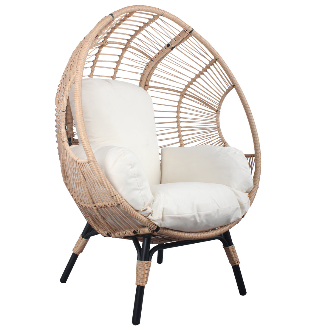 3 Pieces Patio Egg Chairs Model 2 With Side Table Set,Natural Color Pe Rattan And Beige Cushion Yes Natural Complete Patio Sets Foam Steel