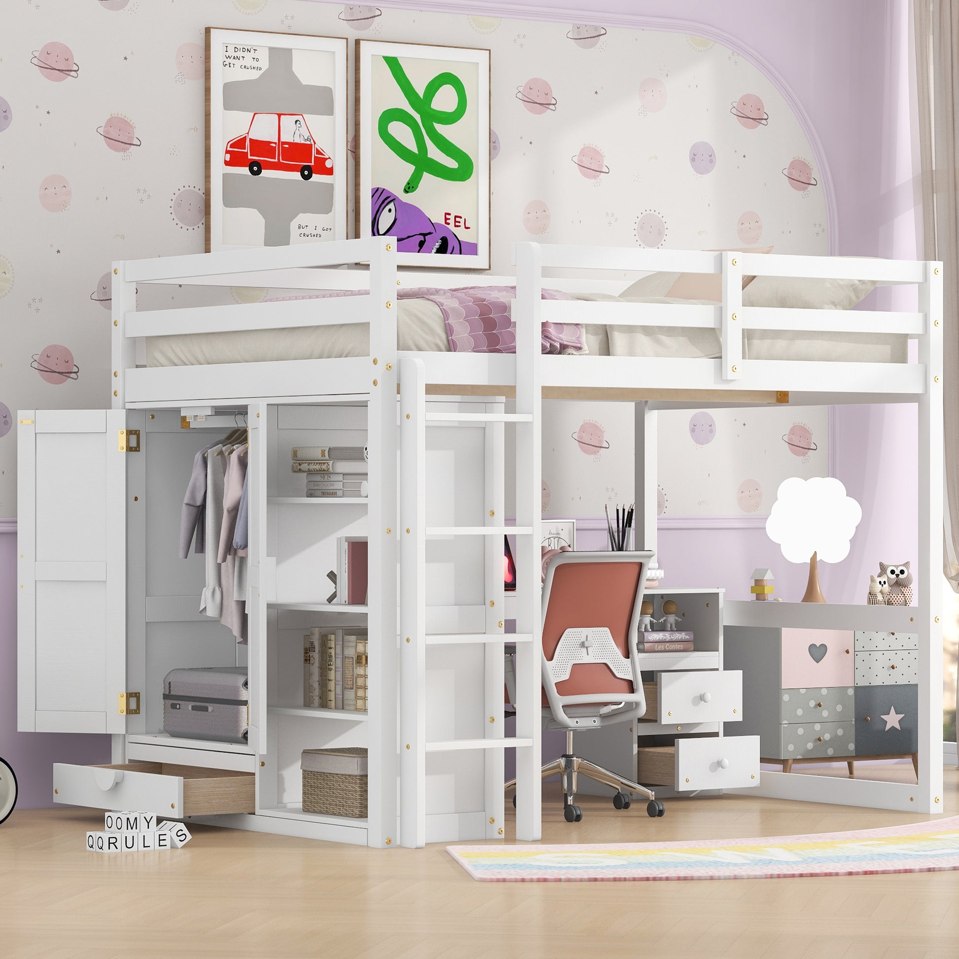 Wood Full Size Loft Bed With Built In Wardrobe, Desk, Storage Shelves And Drawers, White Box Spring Not Required Full White Wood Bedroom Solid Wood Mdf