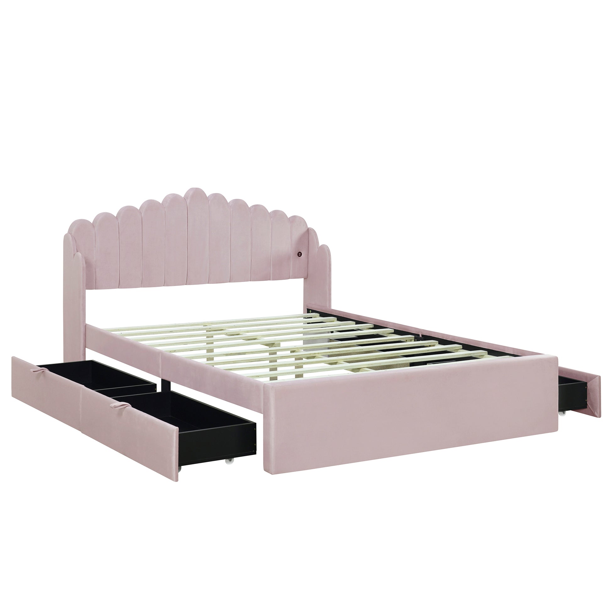 Queen Size Upholstered Platform Bed With 4 Drawers And 2 Usb, Pink Box Spring Not Required Queen Pink Wood Bedroom Bed Frame Polyester Upholstered