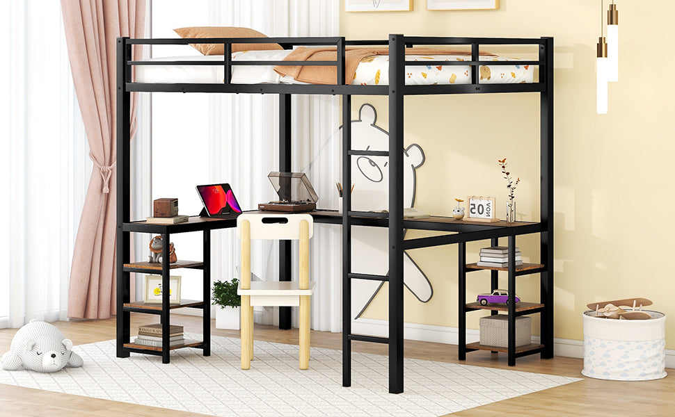 Full Metal Loft Bed With Desk And Shelves, Loft Bed With Ladder And Guardrails, Loft Bed Frame For Bedroom, Black With Vintage Wood Colored Desk Old Sku: W1307S00022 Full Black Metal