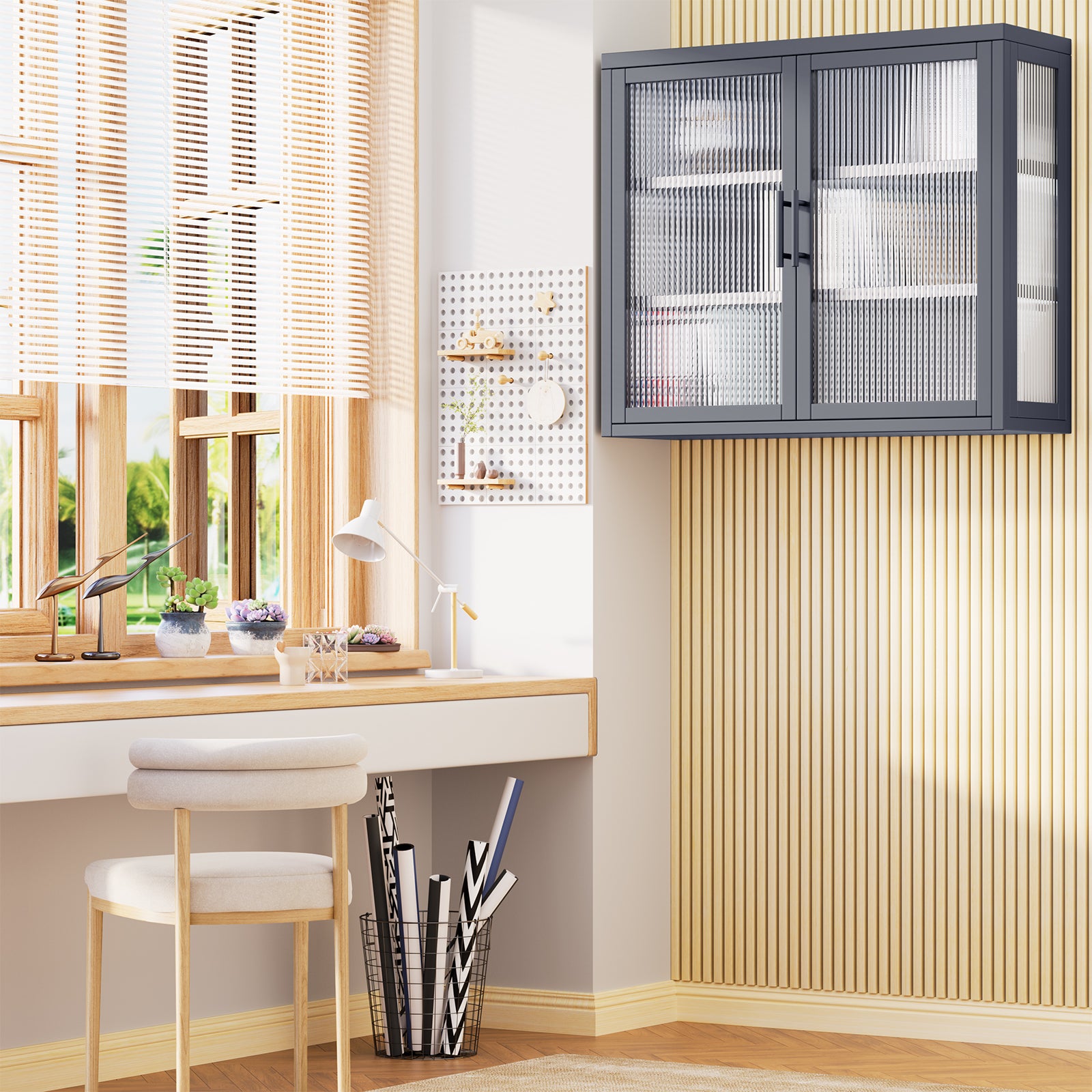 Retro Style Haze Double Glass Door Wall Cabinet With Detachable Shelves For Office, Dining Room,Living Room, Kitchen And Bathroom Grey Color Gray Tempered Glass Sheet Metal Plastic