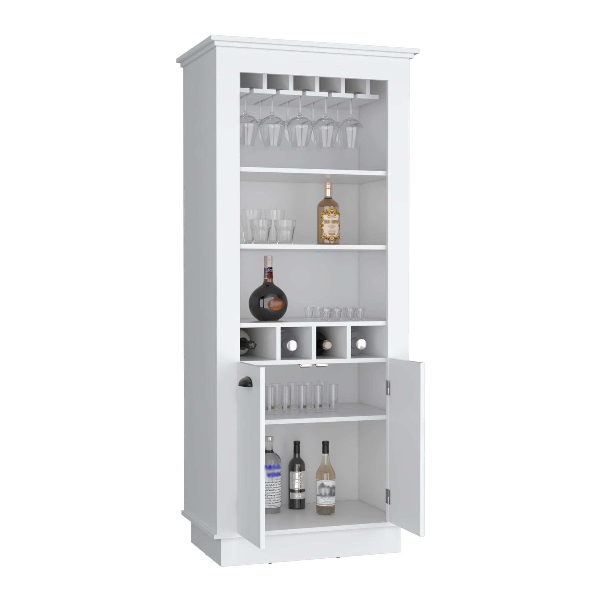 Lafayette Bar Cabinet With 4 Bottle Rack, Upper Glass Holder And Dual Door Design White White Particle Board