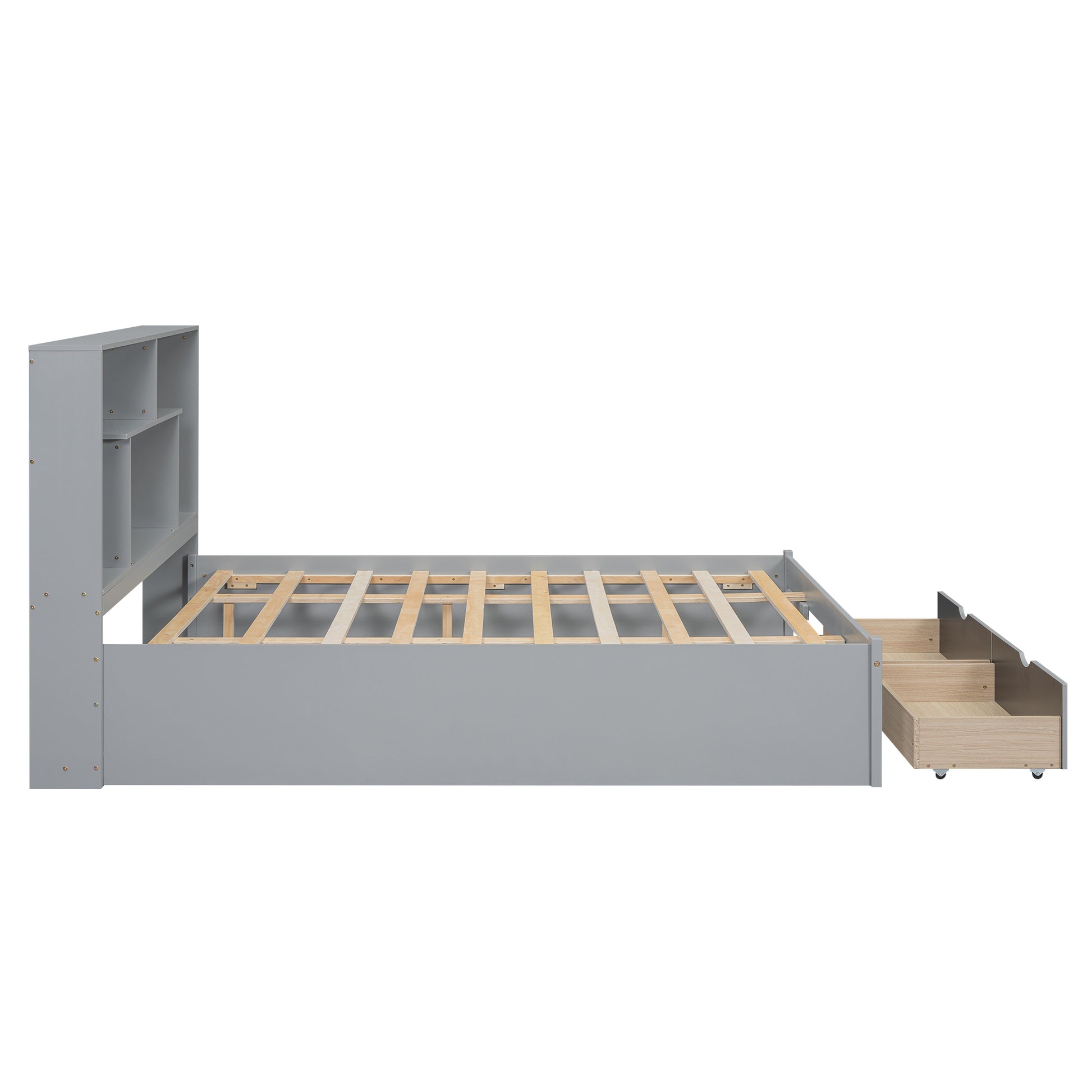 Queen Size Platform Bed With Storage Headboard And 2 Drawers, Gray Box Spring Not Required Queen Gray Wood Bedroom Bed Frame Solid Wood Mdf