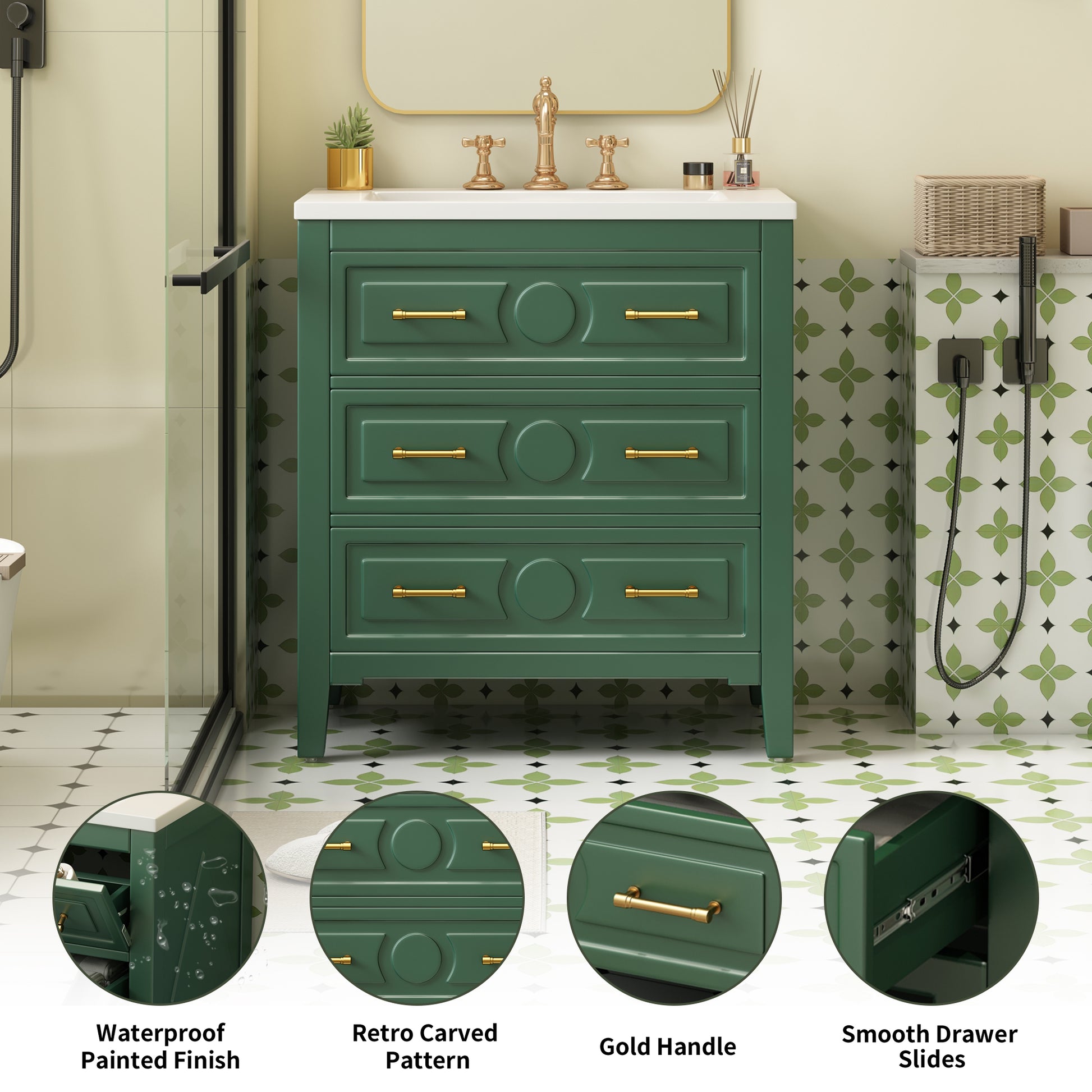 30'' Bathroom Vanity With Resin Sink Combo, Free Standing Single Vanity Set With 3 Drawers, Solid Wood Frame Bathroom Storage Cabinet, Green 3 Green Bathroom Freestanding Solid Wood Mdf Resin Painted