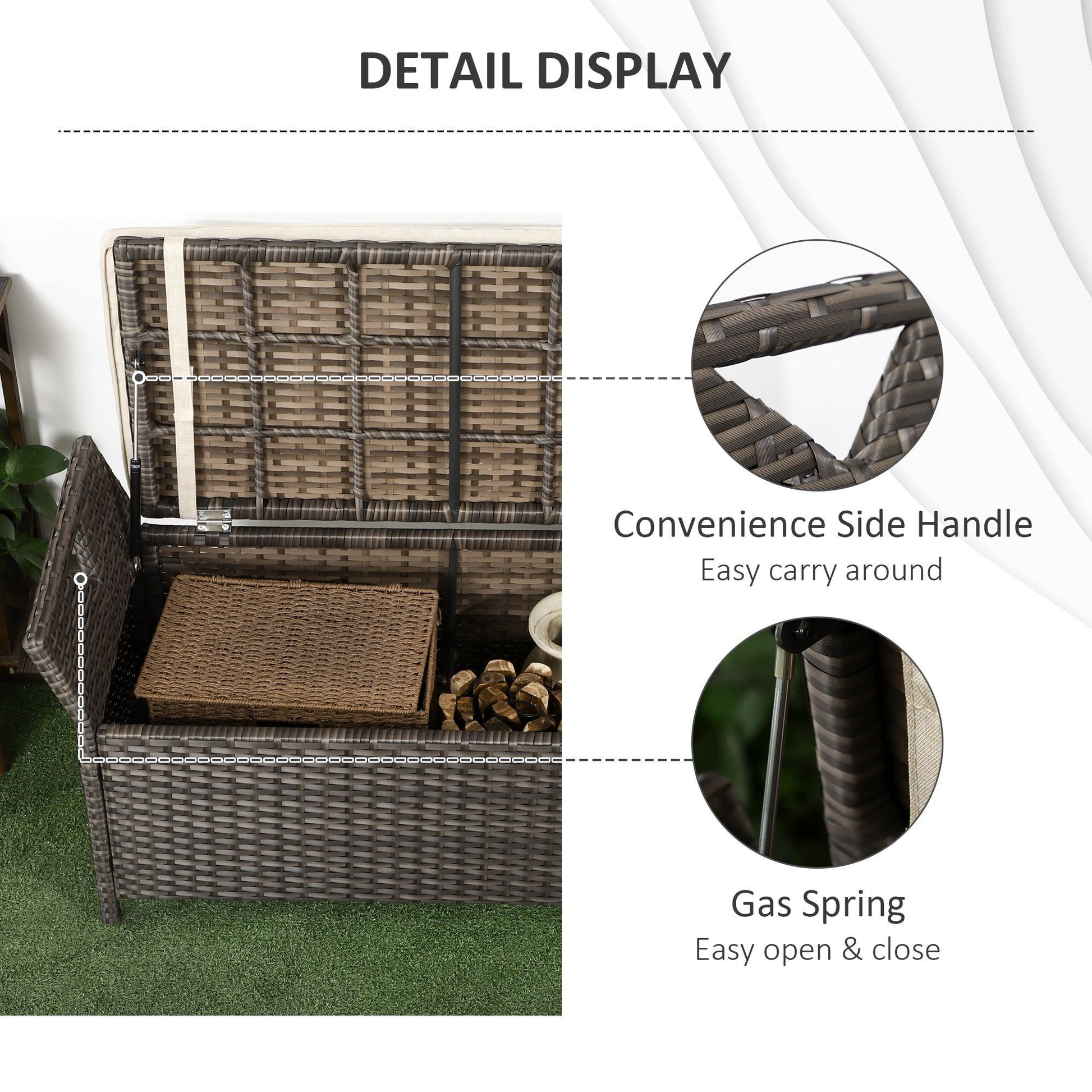 Outsunny 27 Gallon Patio Wicker Storage Bench, Outdoor Pe Rattan Patio Furniture, 2 In 1 Large Capacity Rectangle Garden Storage Box With Handles And Cushion, Cream White Brown White Steel