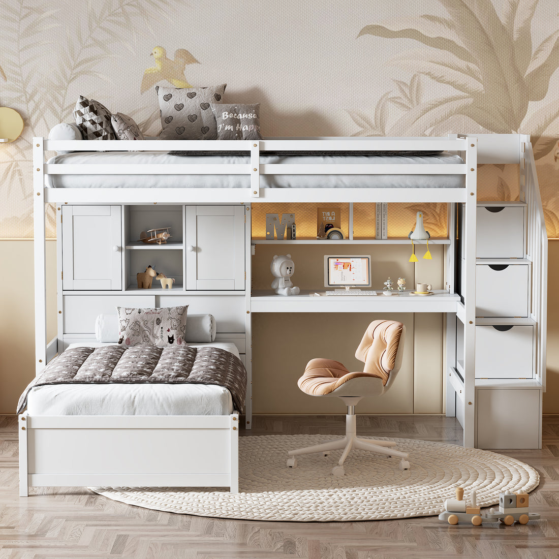 Twin Over Twin Loft Bed With Built In Desk And Staircase, With Storage Compartments And Shelves, White Twin Box Spring Not Required White Wood Pine