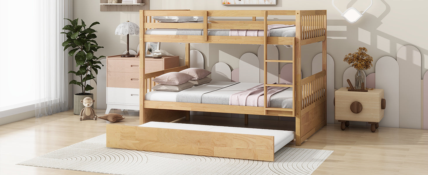 Full Over Full Rubber Wood Bunk Bed With Trundle, Ladder And Guardrails, Convertible To 2 Full Size Beds, With Twin Size Trundle,White Oak Full White Oak Bedroom American Design Bed Frame Rubber