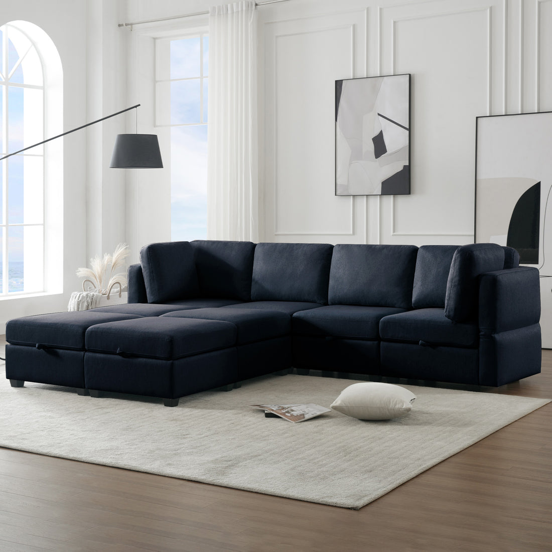 Modular Convertible U Shaped Sectional Sofa Couch With Storage Ottoman Corner Couch For Living Room, Adjustable Arms And Backs Blue Blue Polyester 4 Seat