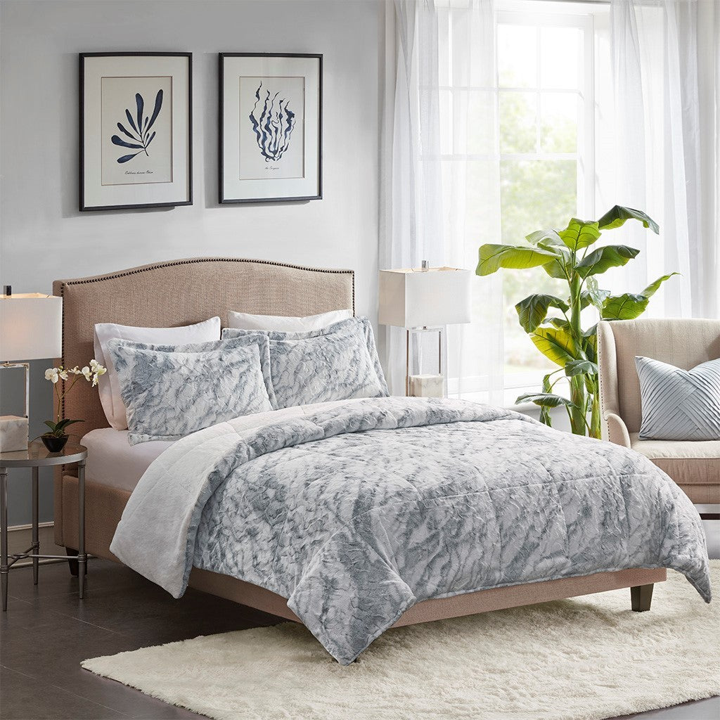 Marble Faux Fur Comforter Set Queen Grey Blue Marble