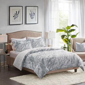 Marble Faux Fur Comforter Set Queen Grey Blue Marble