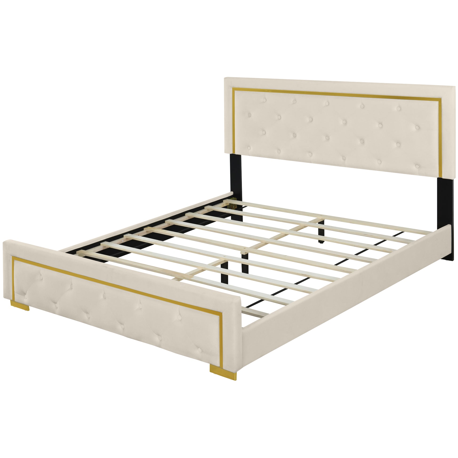 Queen Size Upholstered Platform Bed With Pull Point Headboard And Metal Wire Frame At The Head And Foot Of The Bed, Metal Feet, Velvet, Beige Queen Beige Mdf Lvl