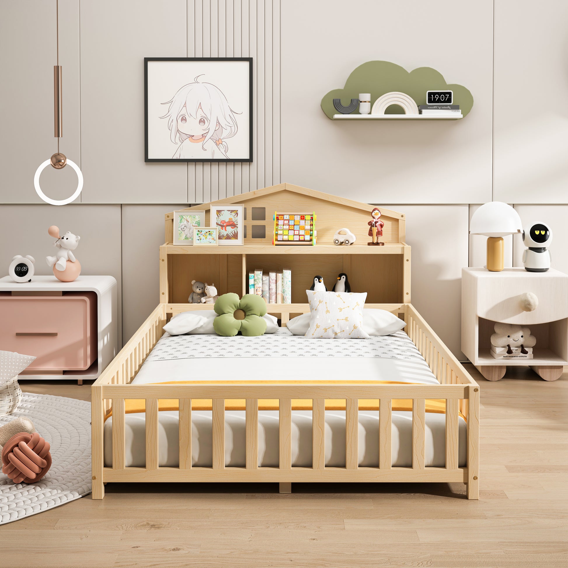 Full Size Floor Beds With Bookcases And Blackboards, Versatile Platform Beds With Guard Rails, Solid Wood Floor Beds With Storage Headboards, Floor Beds For Kids And Teens Natural Full Natural Plywood