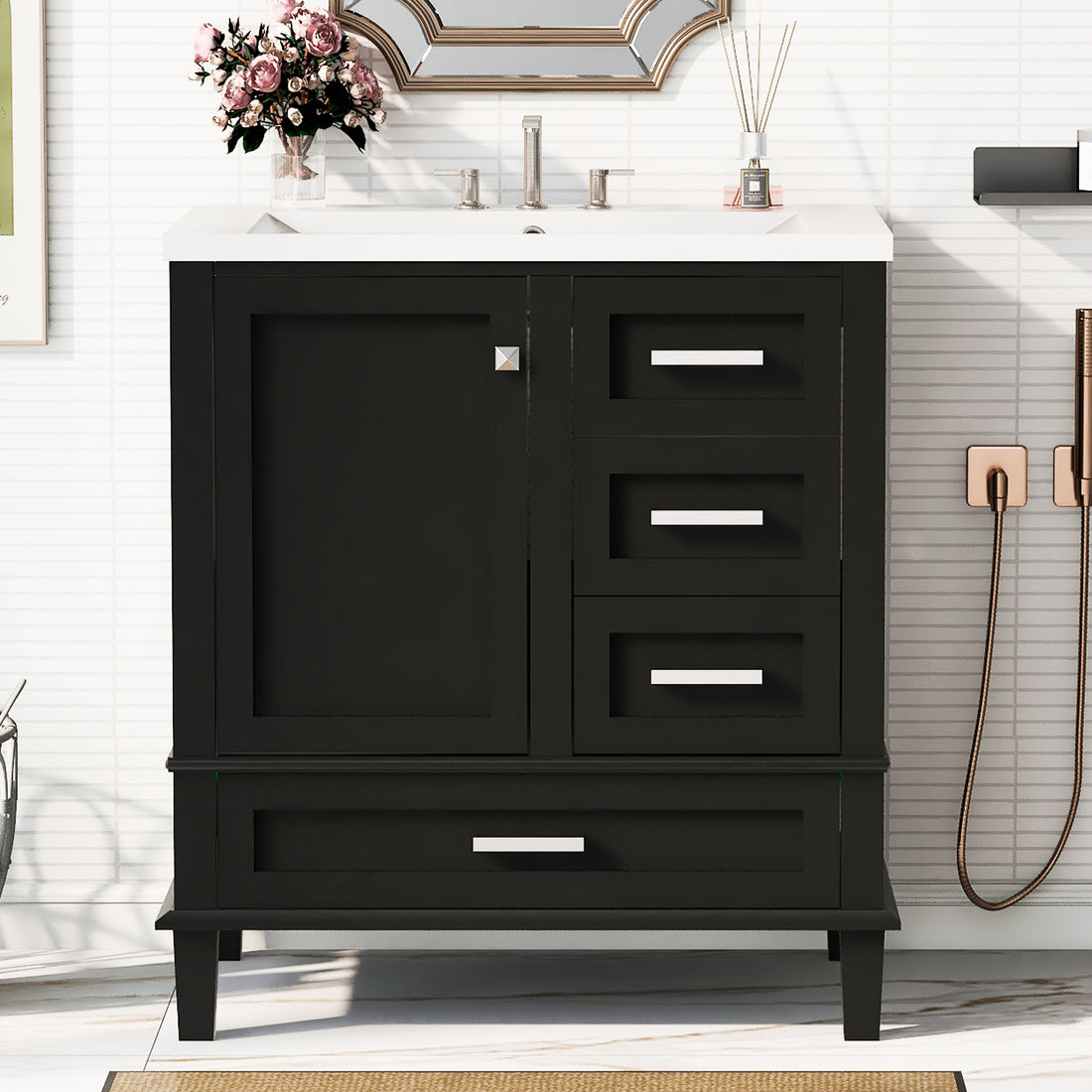 30" Bathroom Vanitymodern Bathroom Cabinet With Sink Combo Set, Bathroom Storage Cabinet With A Soft Closing Door And 3 Drawers, Solid Wood Frame Black Black Bathroom Solid Wood Mdf