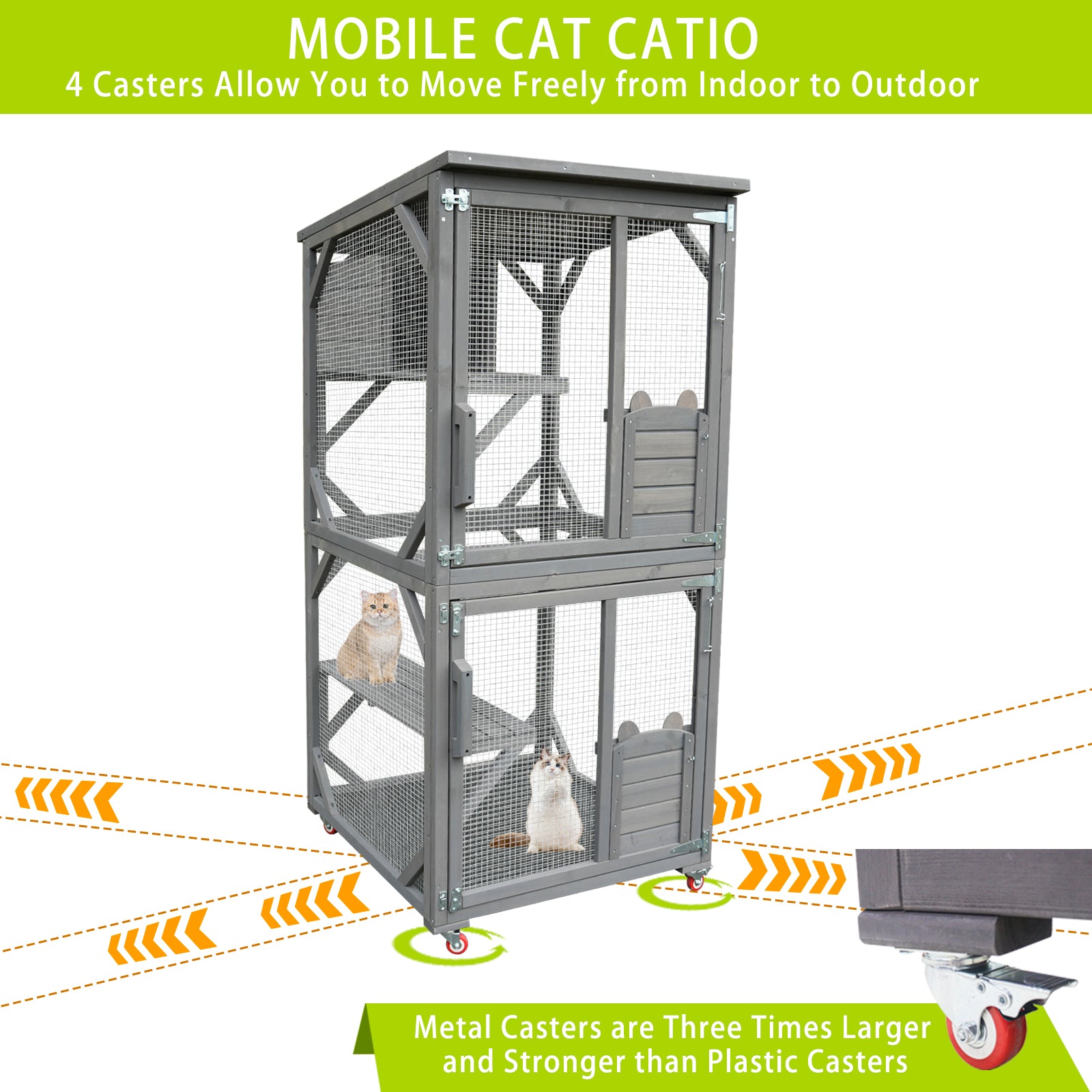 Catio Large Wooden Cat House Outdoor Indoor Cat Enclosures On Wheels, Wooden Kitty House Shelter Outside With Resting Box, Waterproof Roof Grey, 31.5" D X 36.6" W X 71" H Grey Solid Wood