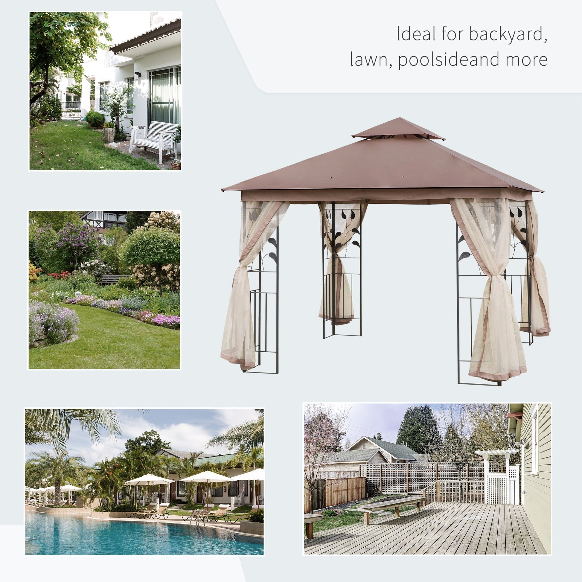 Outsunny 10' X 10' Metal Patio Gazebo, Double Roof Outdoor Gazebo Canopy Shelter With Tree Motifs Corner Frame And Netting, For Garden, Lawn, Backyard, And Deck, Brown Brown Polyester