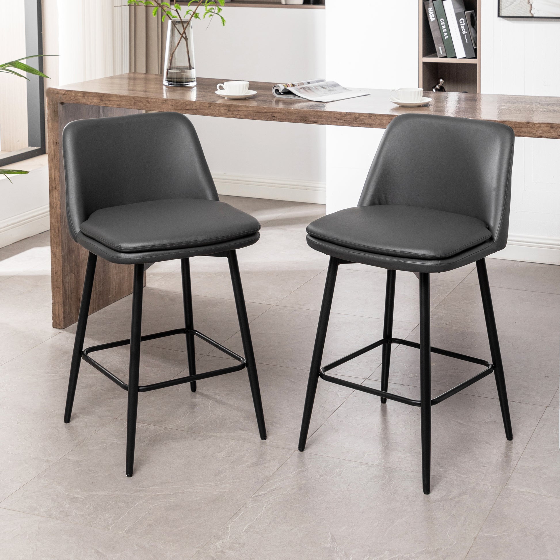 Counter Height Swivel Bar Stools Set Of 2, 360 Swivel Upholstered Barstools With Back And Metal Legs, 25.6" Seat Height,Counter Stools For Kitchen Island And Pub,Faux Leather,Grey Dark Grey Set Of 2