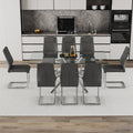 Table And Chair Set.Modern Luxurious Transparent Tempered Glass Dining Table Set With 8 Chairs.Single Fork Silver Metal Table Legs.Dark Gray High Quality Pu Dining Chairs With Silver Metal Legs.