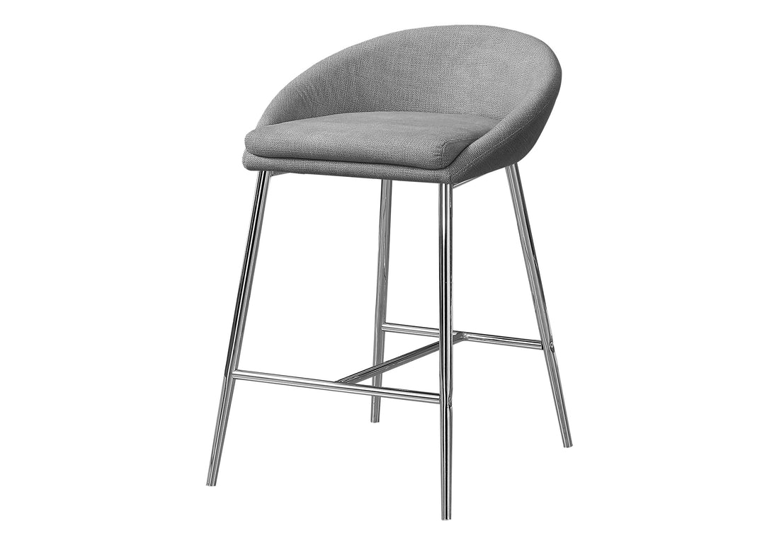 Bar Stool, Set Of 2, Counter Height, Kitchen, Chrome Metal, Grey Fabric, Contemporary, Modern Grey Foam Polyester