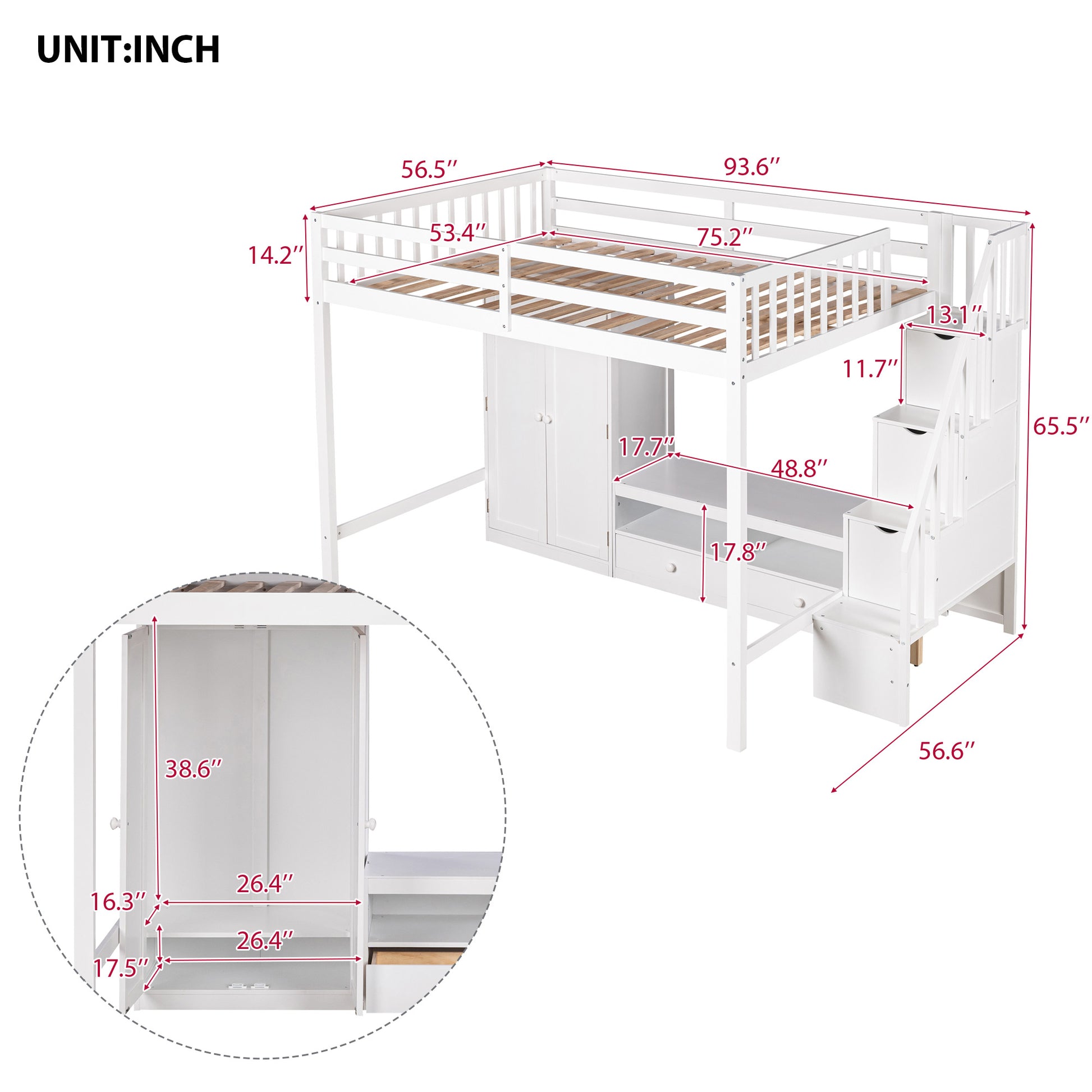 Full Size Loft Bed Frame With Wardrobe,Low Storage Table And Storage Staircase,White Gray White Solid Wood Mdf