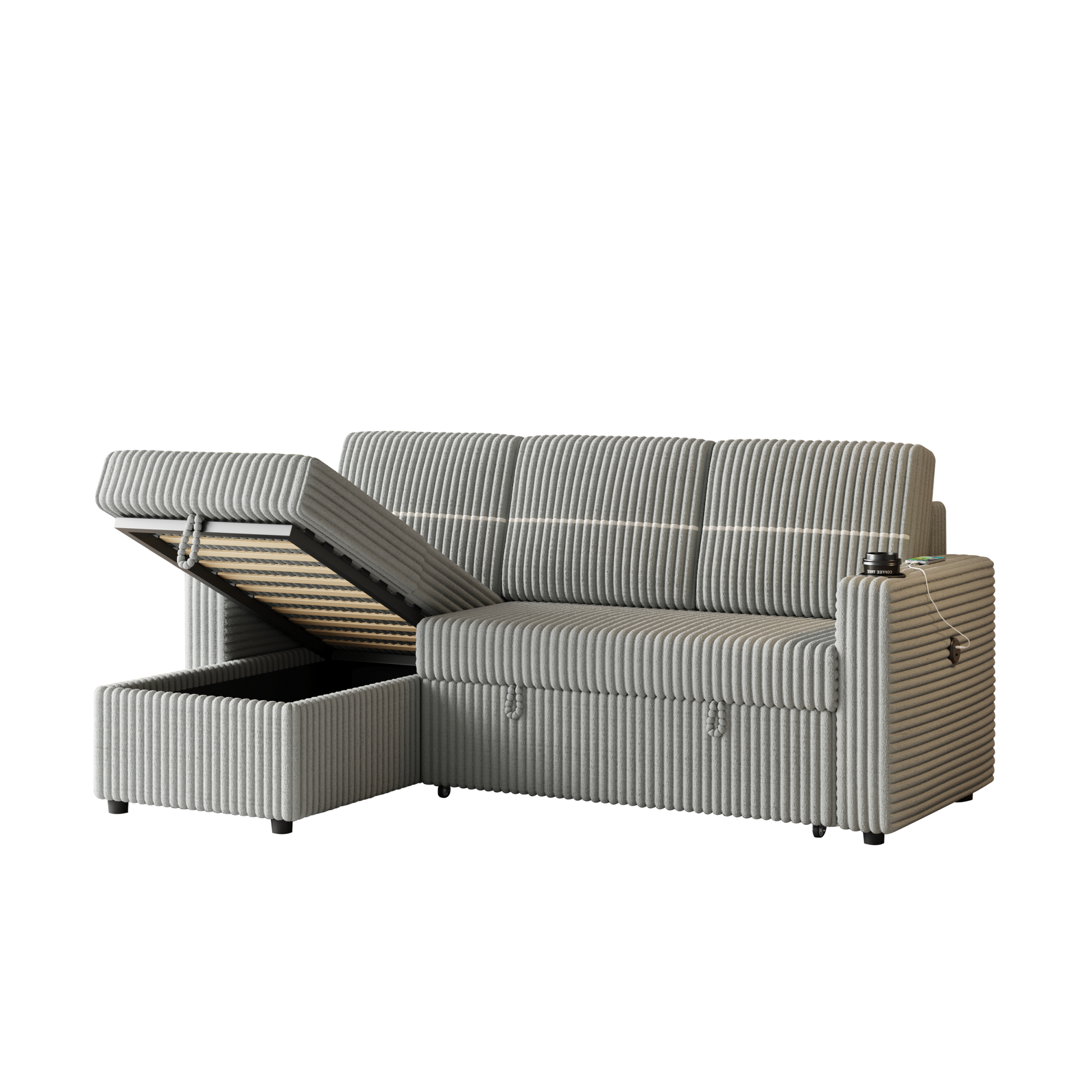 85 Inches Corduroy Sofa Bed, 3 Seater Sleeper Sofa With Storage Chaise, Square Handrail With Two Cup Holder And Usb Charge Port, Pull Out Couch For Living Room Light Grey Corduroy 3 Seat