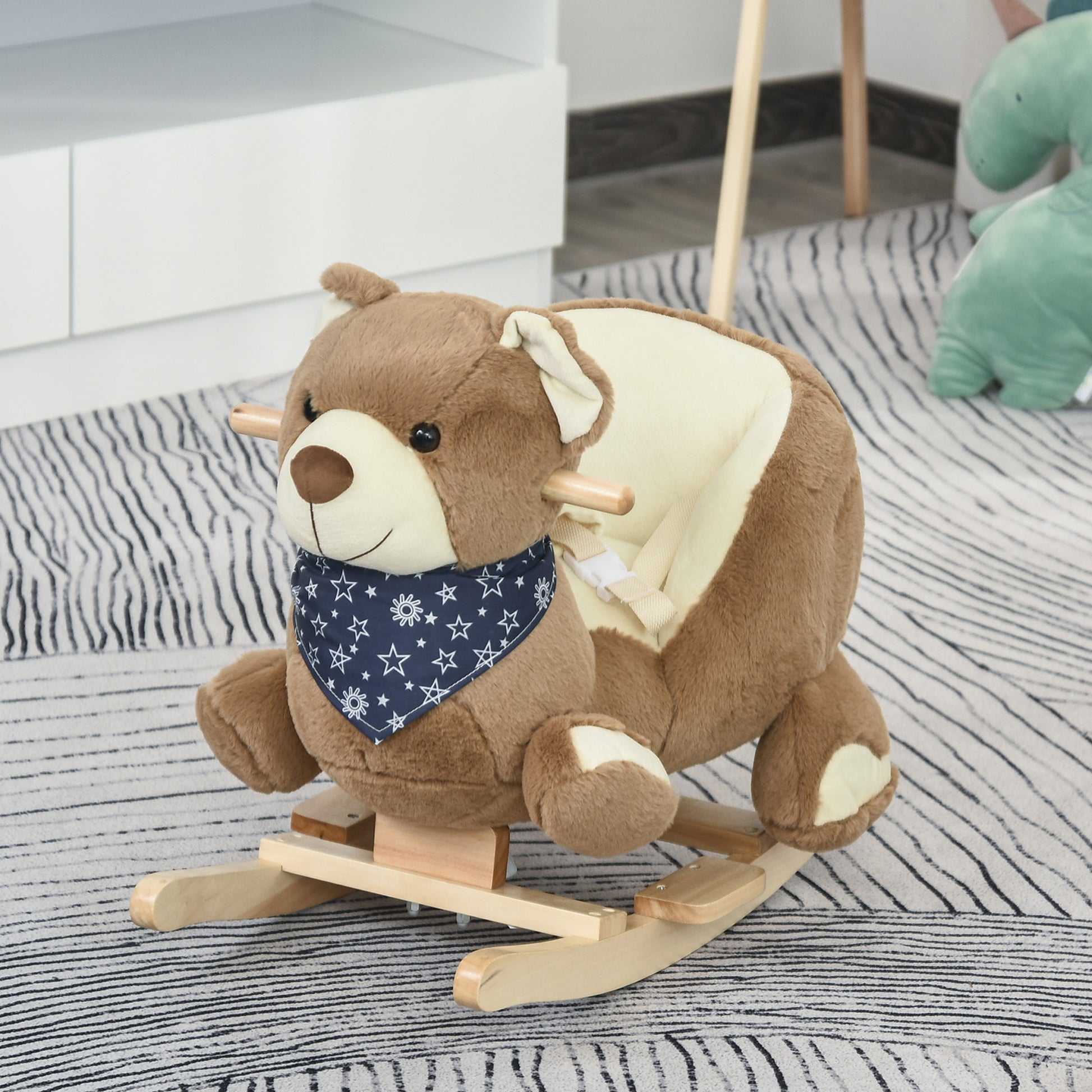 Qaba Baby Rocking Horse With Lullaby, Riding Horse, Bear Themed Plush Animal Rocker With Pedals For Ages 18 36 Months Brown Wood