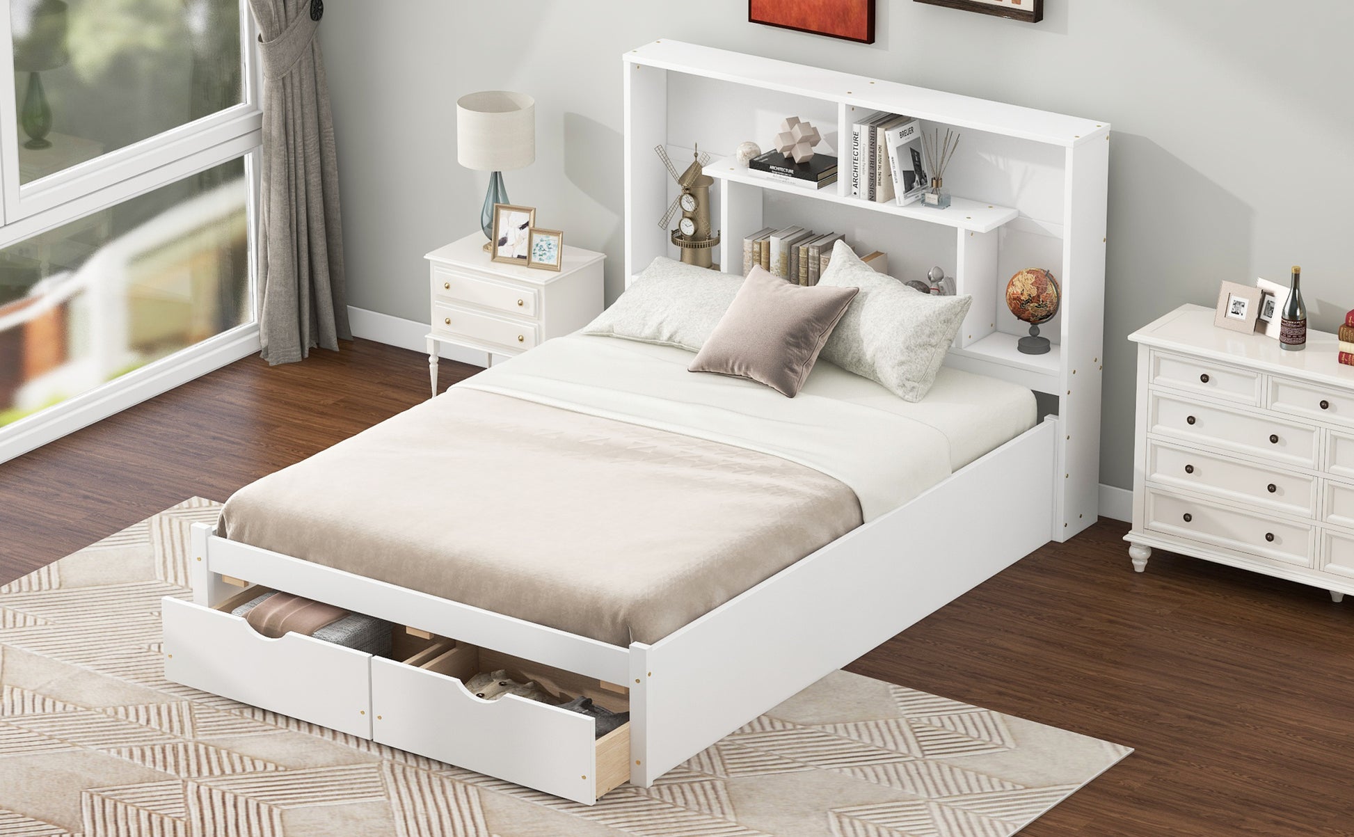 Full Size Platform Bed With Storage Headboard And 2 Drawers, White Box Spring Not Required Full White Wood Bedroom Bed Frame Solid Wood Mdf