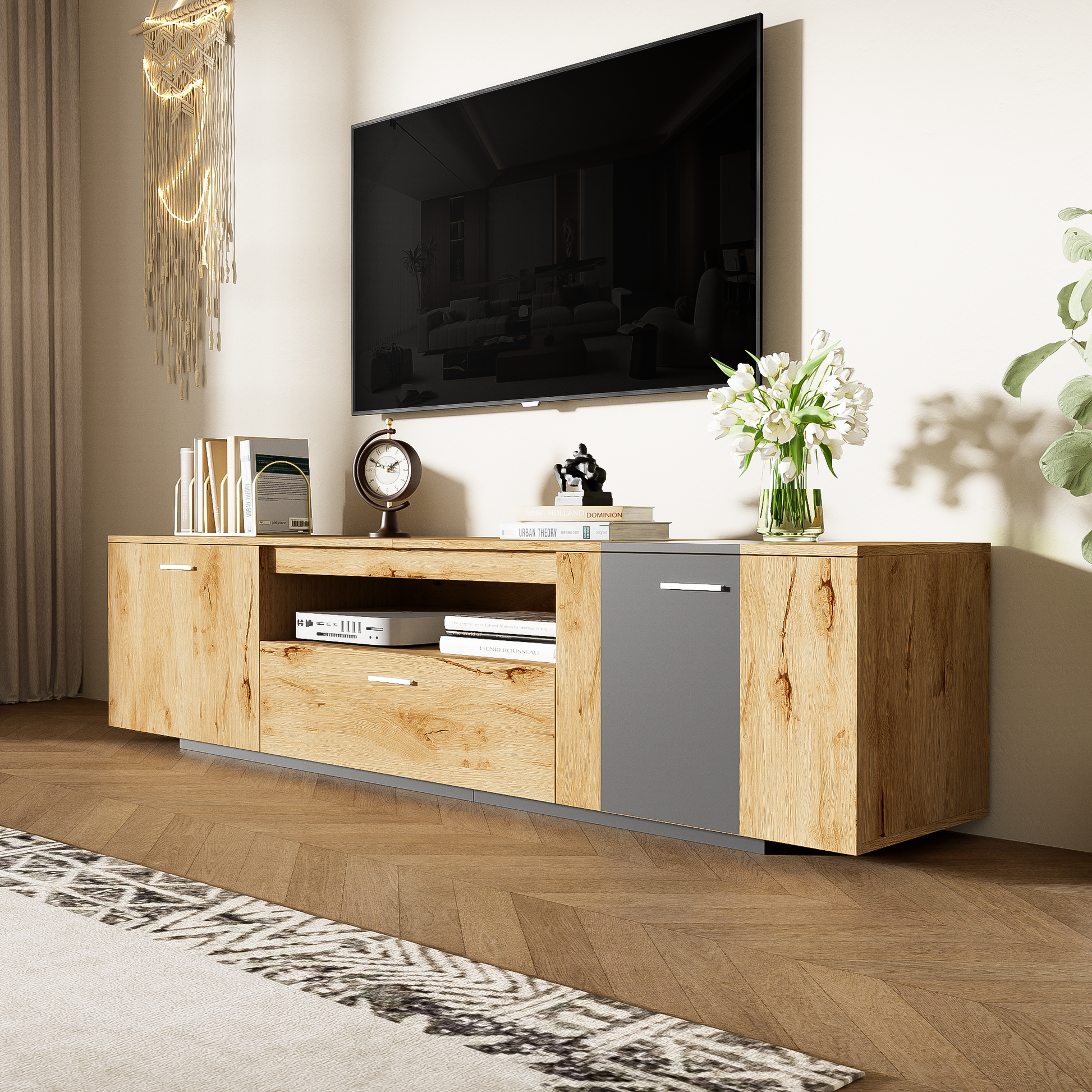 70'' Modern Tv Stand With 3 Cabinets& Drawer, Entertainment Center For Tvs Up To 80'', Color Matching Television Console For Living Room, Bedroom, Home Theatre Grey,Natural Wood Brown Primary Living Space 70 79 Inches 70 79 Inches 70 Inches Particle