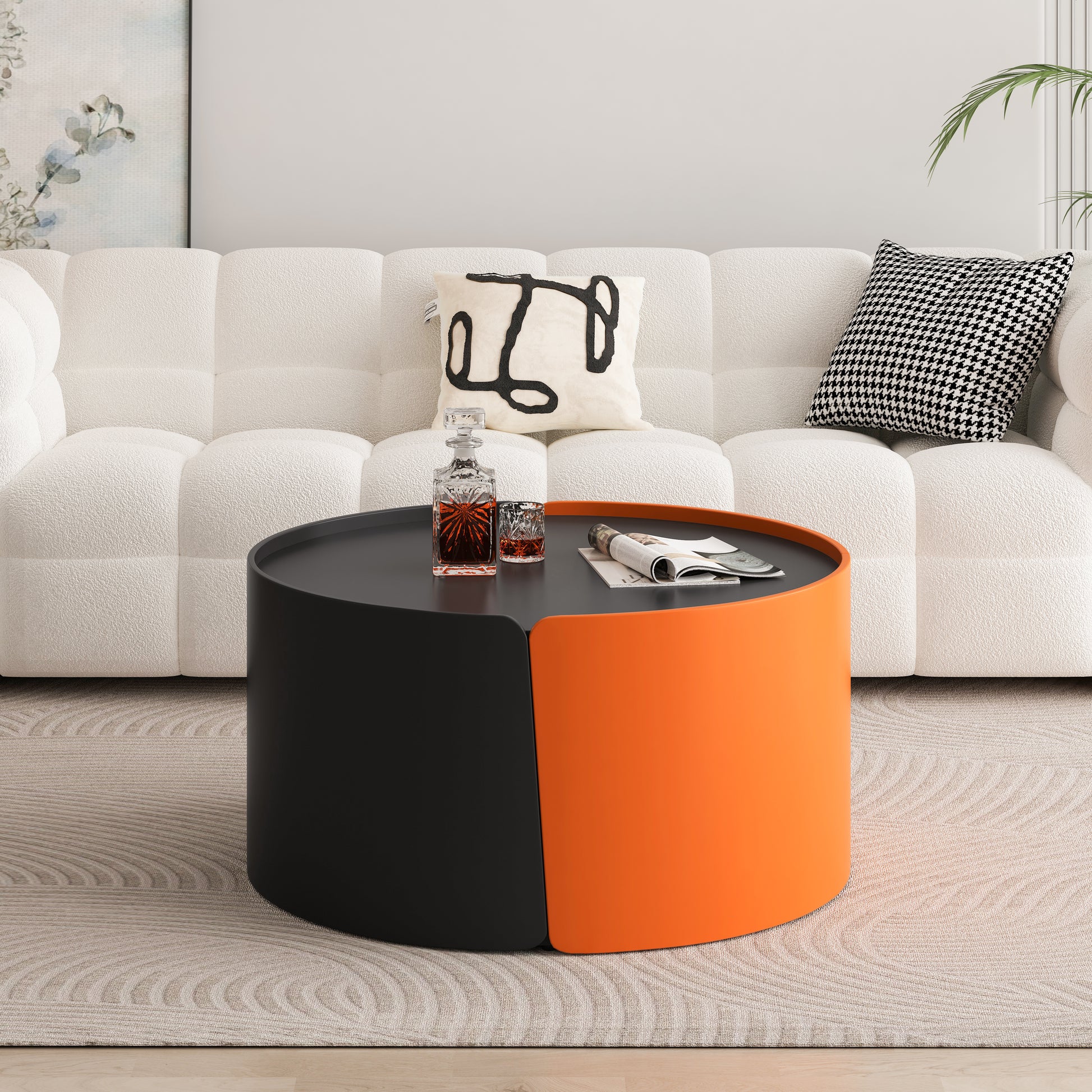 Nesting Coffee Table, Round Nesting Tables And End Tables For Small Space, Modern Side Tables With Extendable Sliding Tabletop For Living Room, Office,Black, No Need Assembly Black Mdf