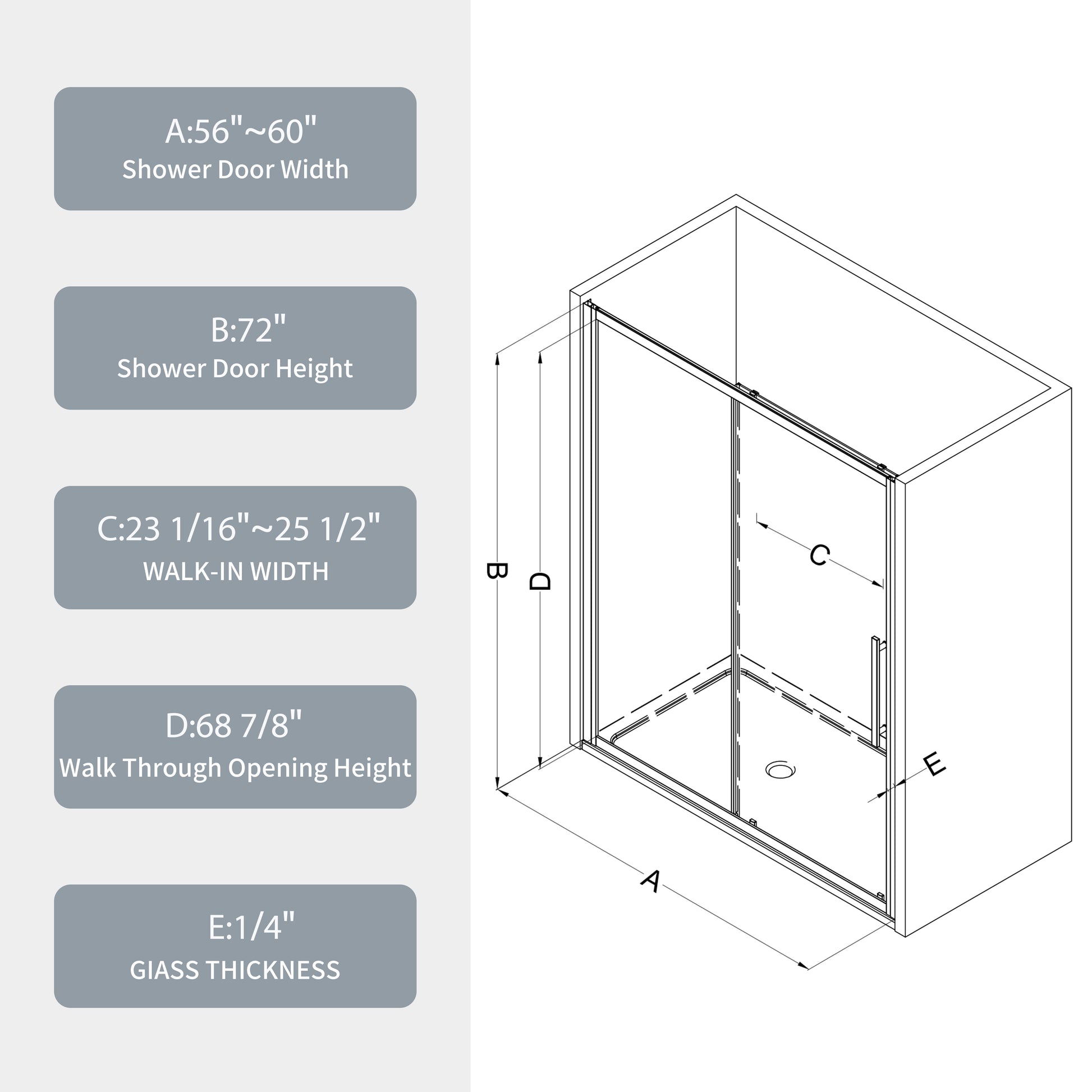 56" 60"W X 72"H Sliding Shower Door, Sliding Door, With 1 4" Tempered Glass And Polished Chrome Finish 6072 Chrome Bathroom Aluminium Alloy