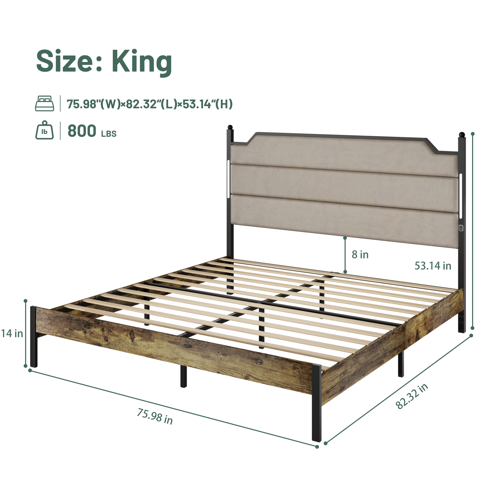 King Size Bed Frame With Upholstered Headboardqueen Bed Frame With Charging Station And Led Lights, Wood Slats, Easy Assembly,No Box Spring Needed,Industrial Brown Box Spring Not Required King Brown