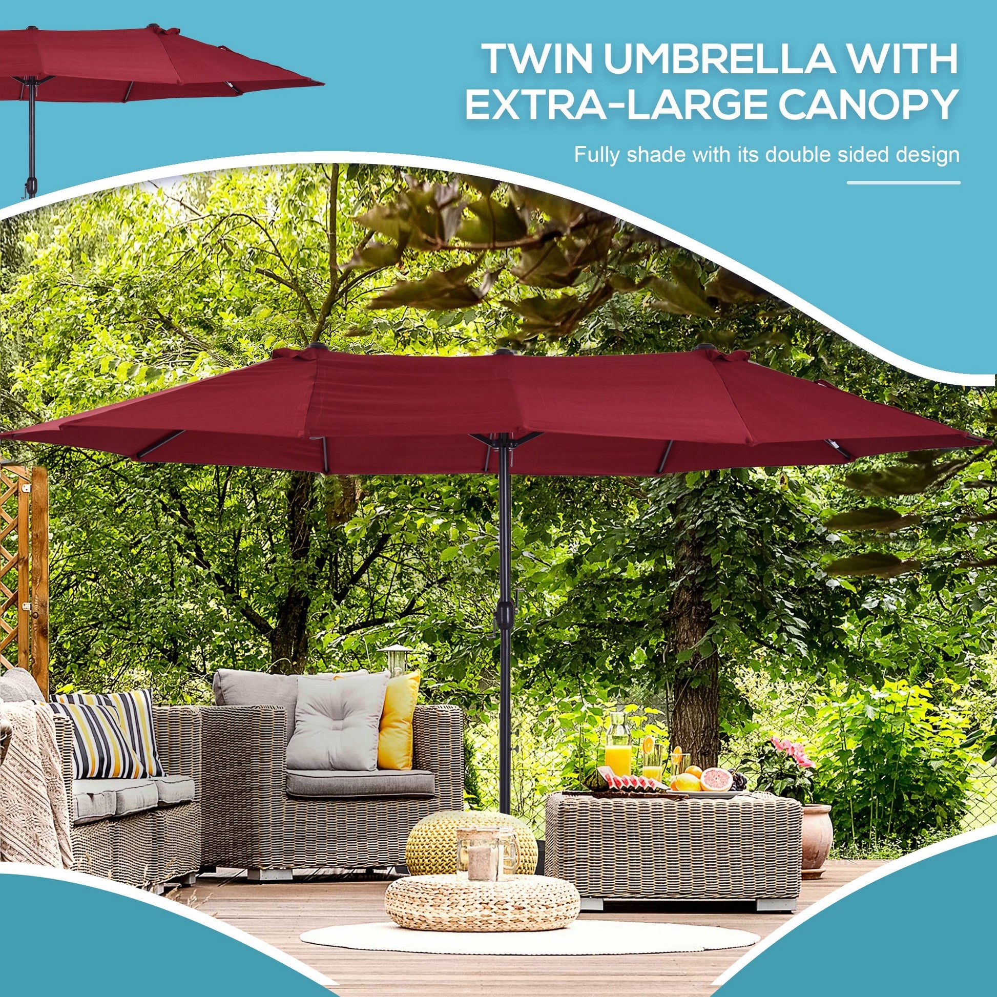 Outsunny Extra Large 15Ft Patio Umbrella, Double Sided Outdoor Umbrella With Crank Handle And Air Vents For Backyard, Deck, Pool, Market, Wine Red Wine Red Steel