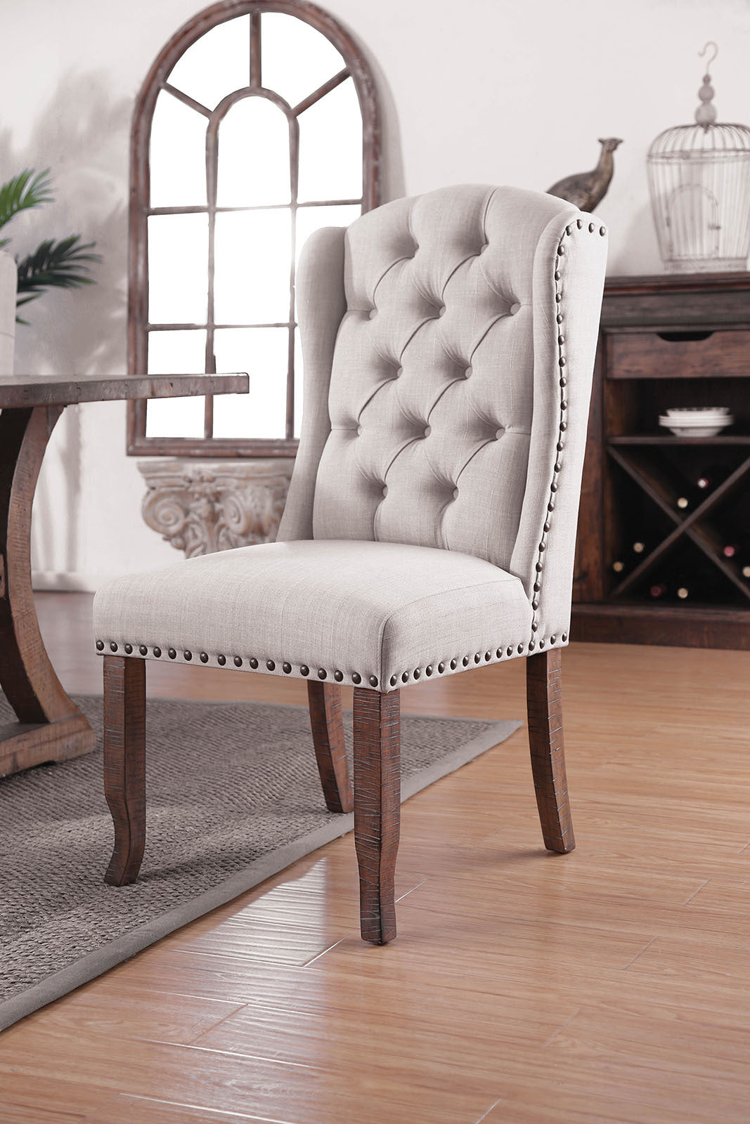 Contemporary Ivory Fabric 2Pcs Side Chairs Tufted Wingback Design Rustic Oak Solidwood Back Dining Chairs Furniture Ivory Multi Dining Room Contemporary,Luxury,Traditional,Vintage Side Chair Rubberwood Wing Back Set Of 2 Solid Wood