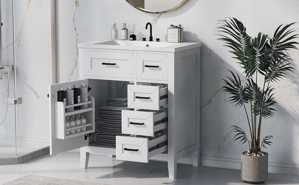 30" Bathroom Vanity With Sink Combo, White Bathroom Cabinet With Drawers, Solid Frame And Mdf Board White Solid Wood Mdf