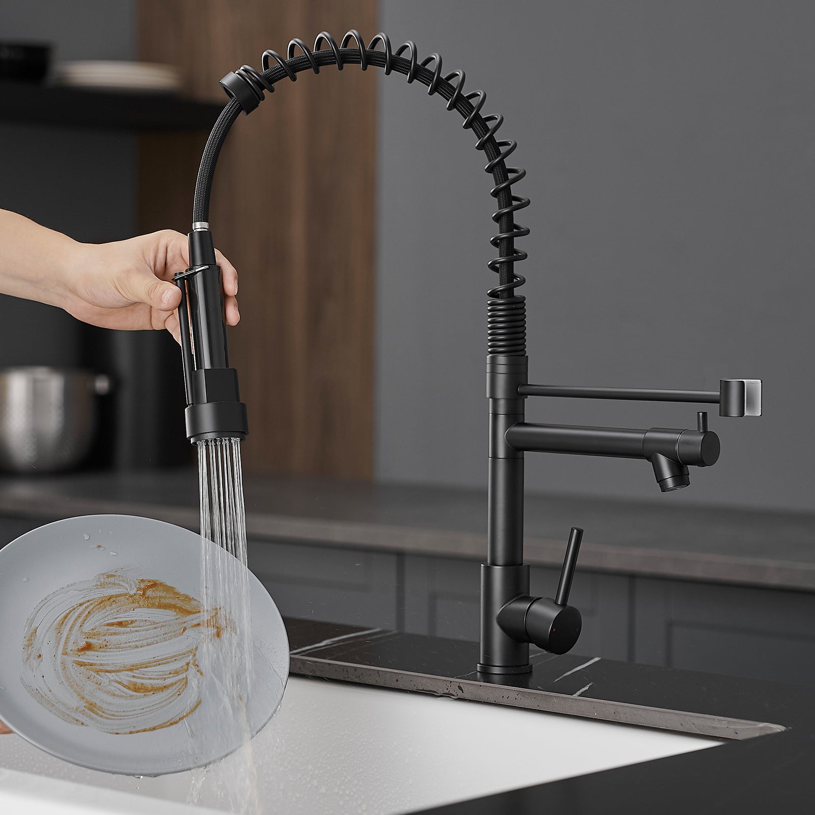 Commercial Stainless Steel Kitchen Faucet With Pull Down Sprayer, Single Handle Single Lever Kitchen Sink Faucet Black Kitchen Contemporary Ceramic Brass