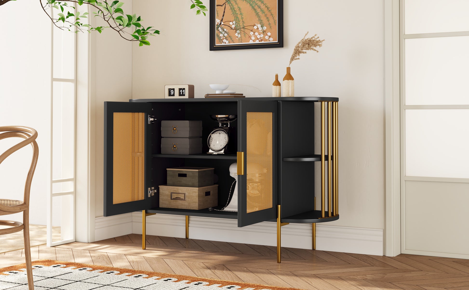 2 Door Elegant Curved Dining Cabinet With Gold Trim And Woven Rattan Doors For Dining Room Black Black Particle Board