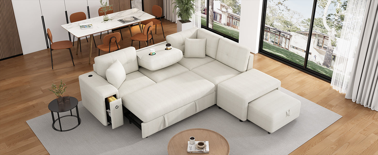 86.6" Sectional Sofa L Shaped Sofa Couch Pull Out Sofa Bed With A Movable Ottoman, Two Usb Ports And Two Cup Holders For Living Room, Beige Beige Foam Chenille 4 Seat