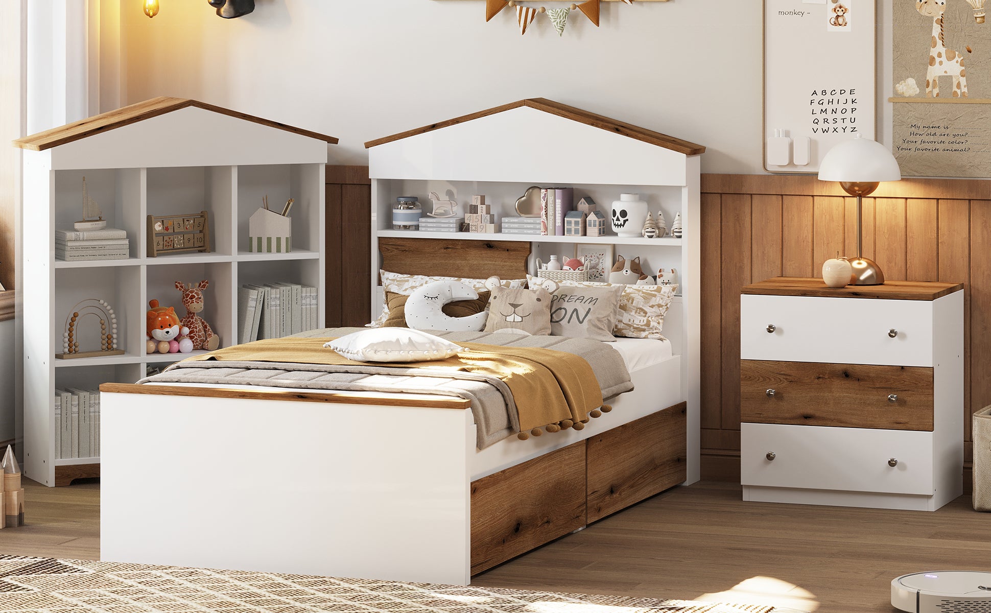 3 Pieces Bedroom Sets, Twin Size House Shaped Wooden Bed With Storage Drawers, Nightstand With Colorblock Design And House Shaped Stroage Rack, Brown White Twin Brown White 3 Piece Set Wood