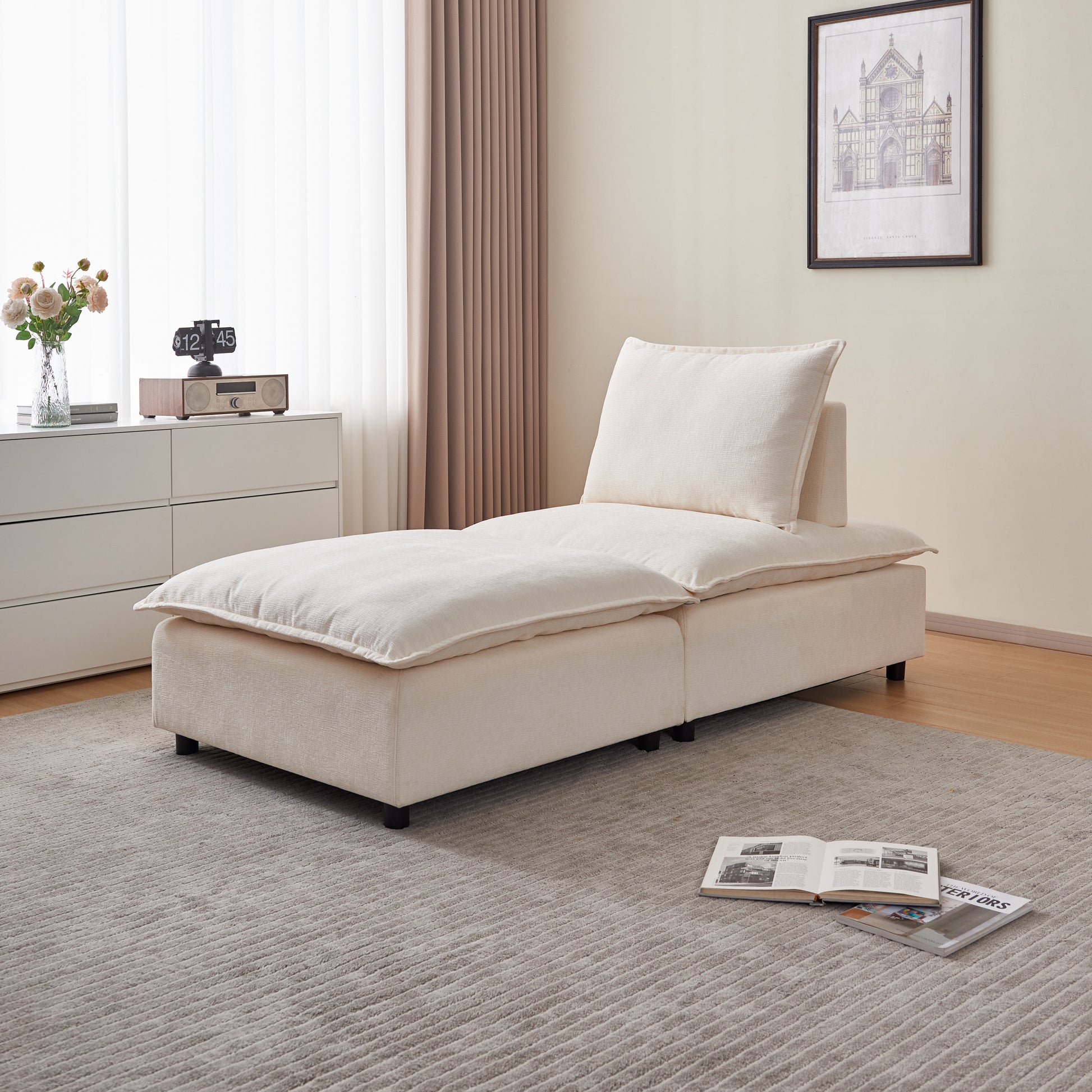 Modern Armless Accent Chair, Single Sofa Couch With Ottoman Compact Design, Space Saving Seating For Living Room, Bedroom, Apartment, Office Beige Wood Medium Soft Foam Chenille 1 Seat