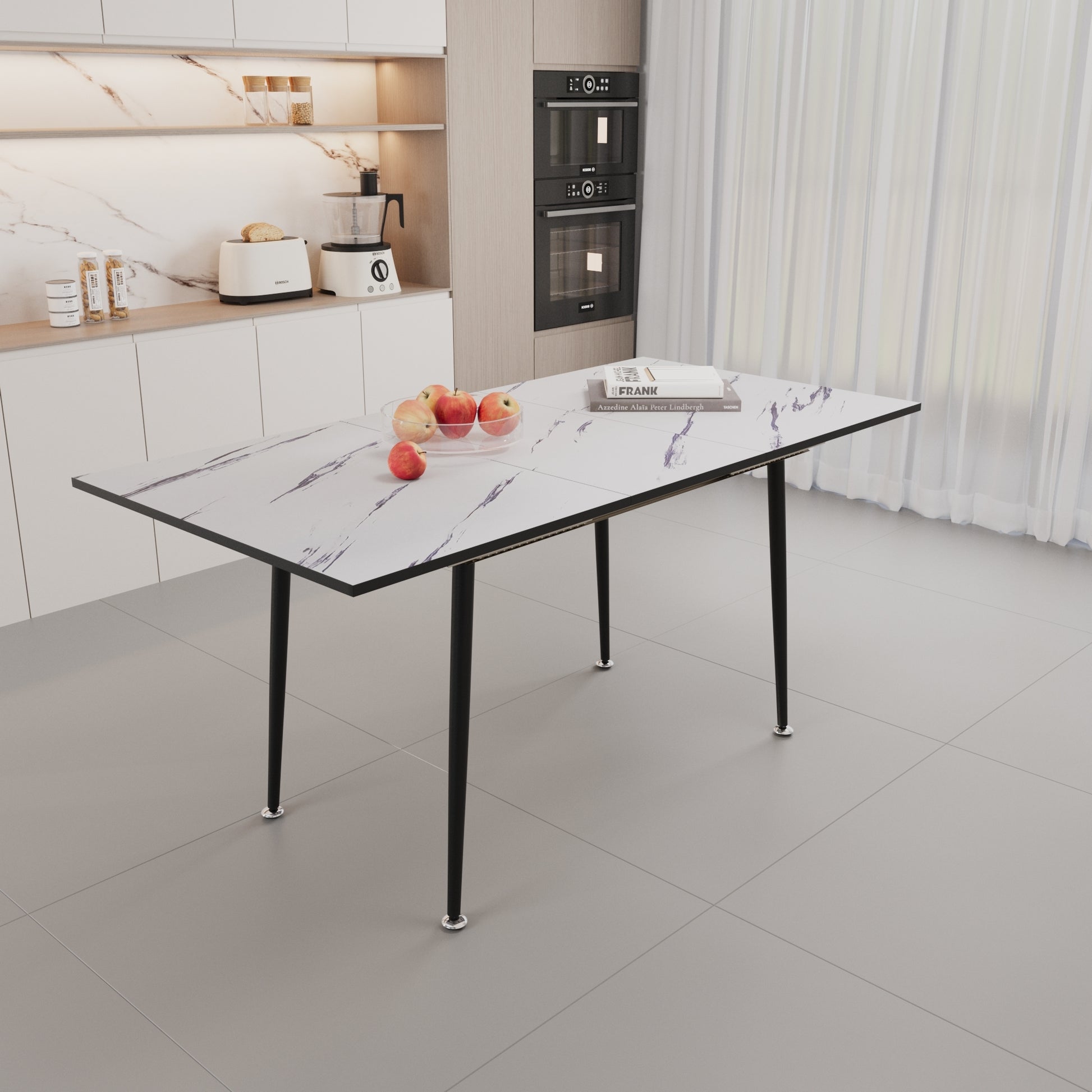 Scalable Mdf Modern Dining Table And Chair Set, Suitable For 2 6 People, White Dining Table And Modern Brown Round Dining Chair 4 Piece Set, Medieval Dining Table Set, Metal Base And Suede Chair Brown White Mdf
