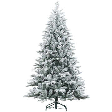 Homcom 7Ft Snow Flocked Artificial Christmas Tree With 1401 Tips, Foldable Metal Stand, Easy Assembly, Hinged Xmas Tree For Home, Office, Holiday, Green Green Plastic