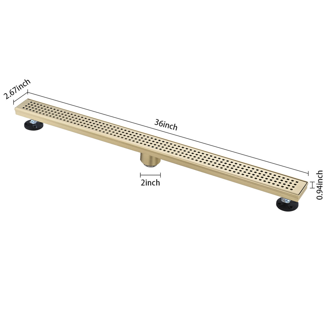 36 Inches Linear Shower Drain With Removable Quadrato Pattern Grate, 304 Stainless Shower Drain Included Hair Strainer And Leveling Feet Brushed Gold Stainless Steel