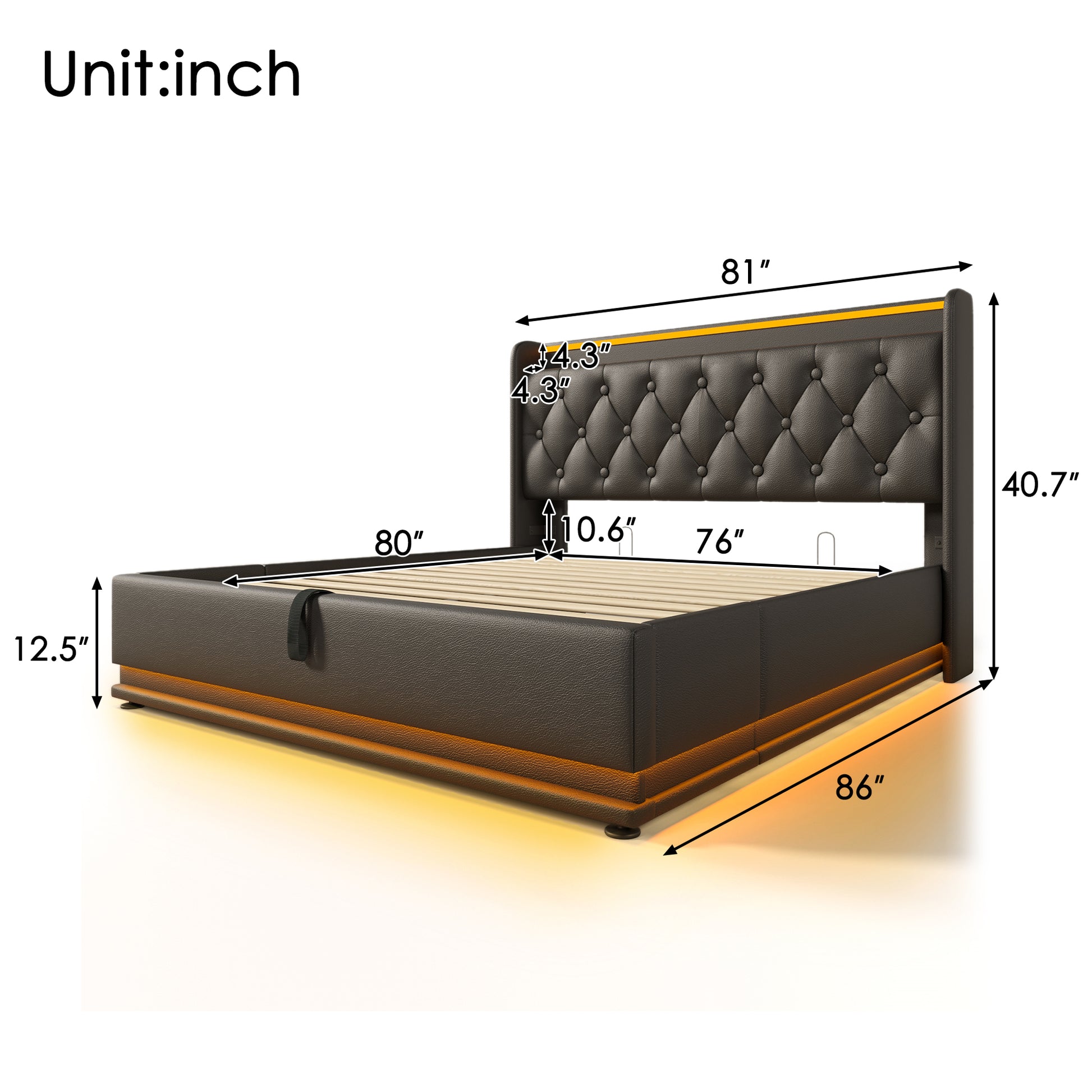 King Size Upholstered Bed, 360 Surround Led Function, Buttons Apps Remote Control, Hydraulic Storage Bed With Usb Type C Charging, Black, Pu Without Mattress King Black Pu