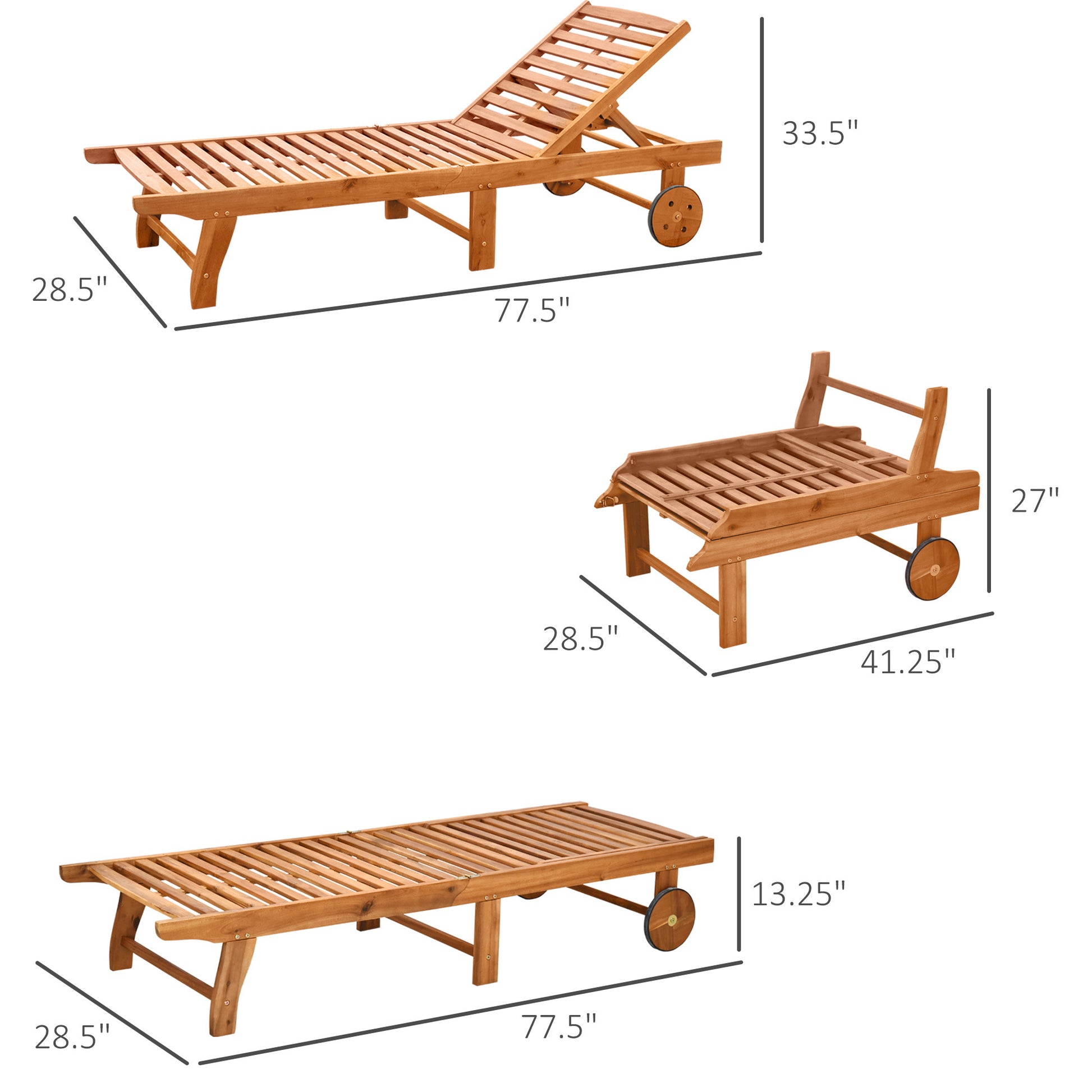 Outsunny Outdoor Folding Chaise Lounge Chair Recliner With Wheels, Acacia Wood Frame Teak Color Natural Acacia Wood