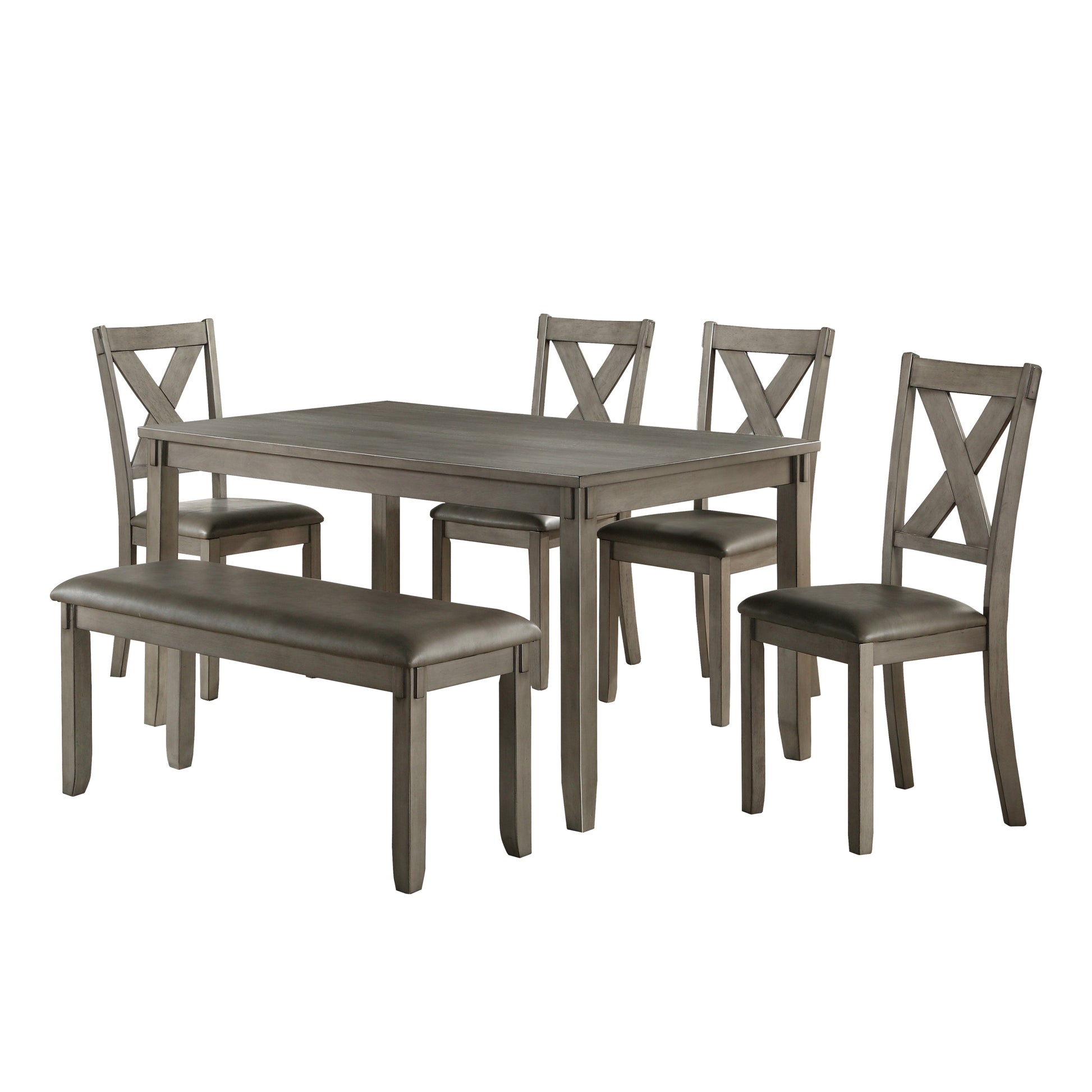 Transitional 6 Piece Dining Set Gray Finish Dining Table Bench 4X Side Chairs Upholstered Seats Wooden Dining Kitchen Furniture Wood Wood Gray Seats 6 Wood Bedroom 60 Inches Bench Seating Casual,Transitional 4 Leg Rectangular Dining Table With Chair And