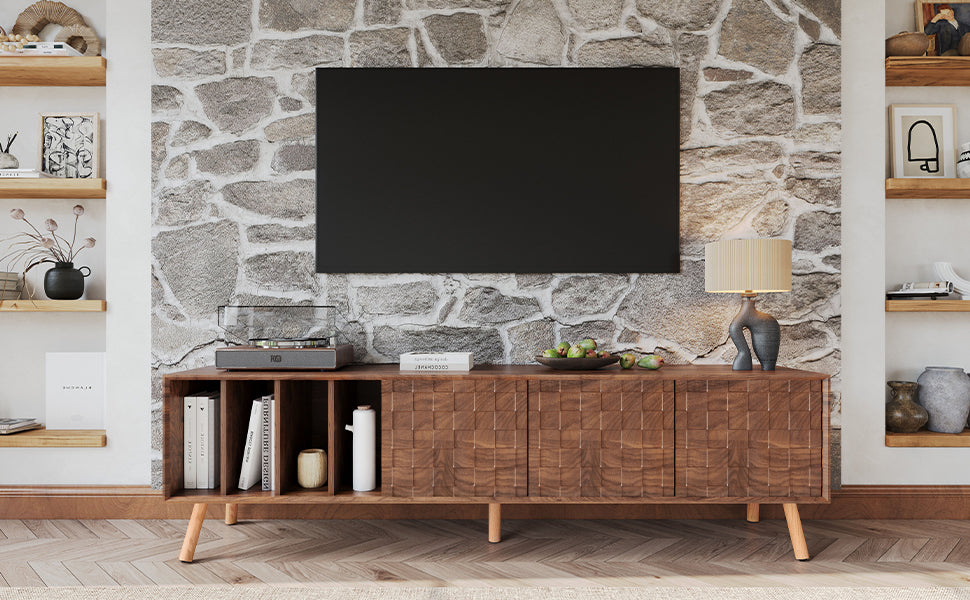 70" Mid Century Modern Tv Stand, Media Console Table For Tvs Up To 80'', Entertainment Center With 5 Solid Wood Legs For Living Room, Bedroom Walnut Primary Living Space 70 79 Inches 70 79 Inches