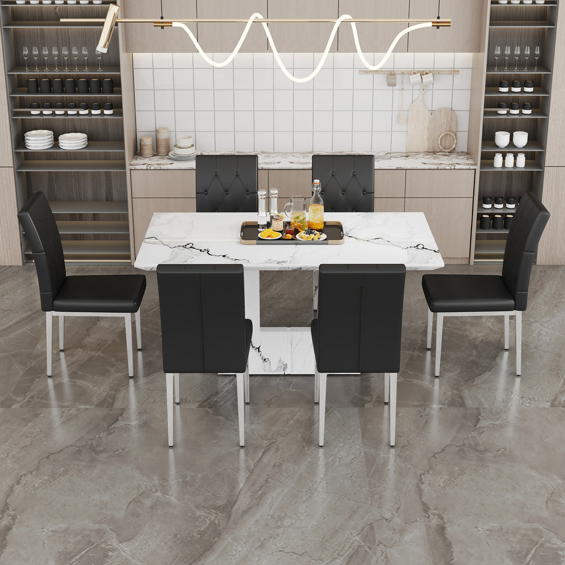 Table And Chair Set.63"X35.4" White Marble Patterned Mdf Dining Table Set With 6 Armless Black Pu Chairs.Showcasing A Modern And Stylish Look. Black,White Seats 6 Mdf Metal