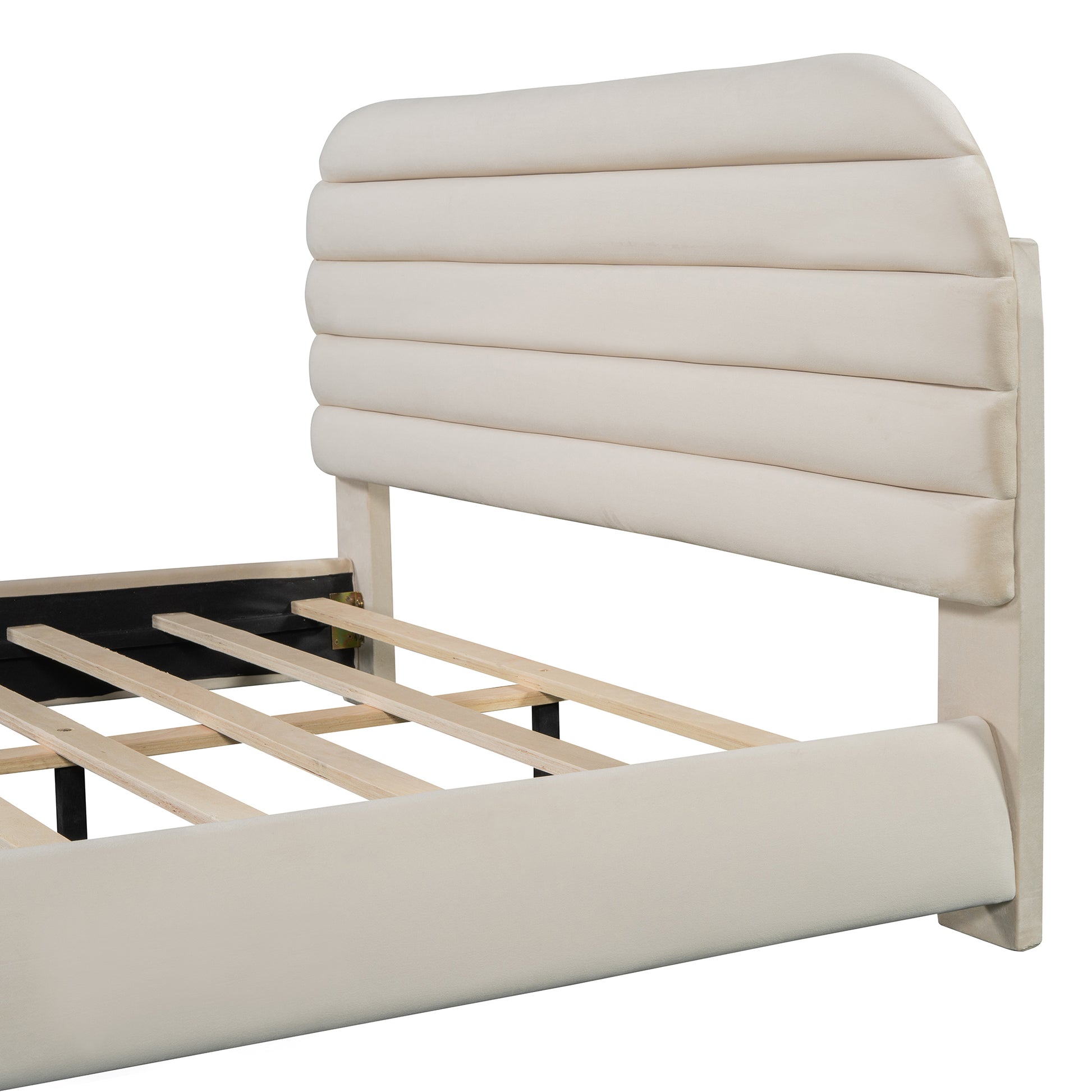 Queen Size Velvet Upholstered Platform Bed,Solid Frame And Stylish Curve Shaped Design, Beige Queen Beige Velvet